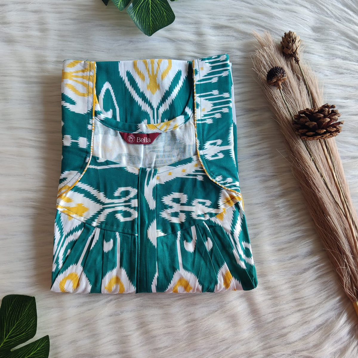 Green Ikat Printed Premium Cotton Pleated Zip Nighty | Free Size | Chest Width 44″| Length 54″-55″