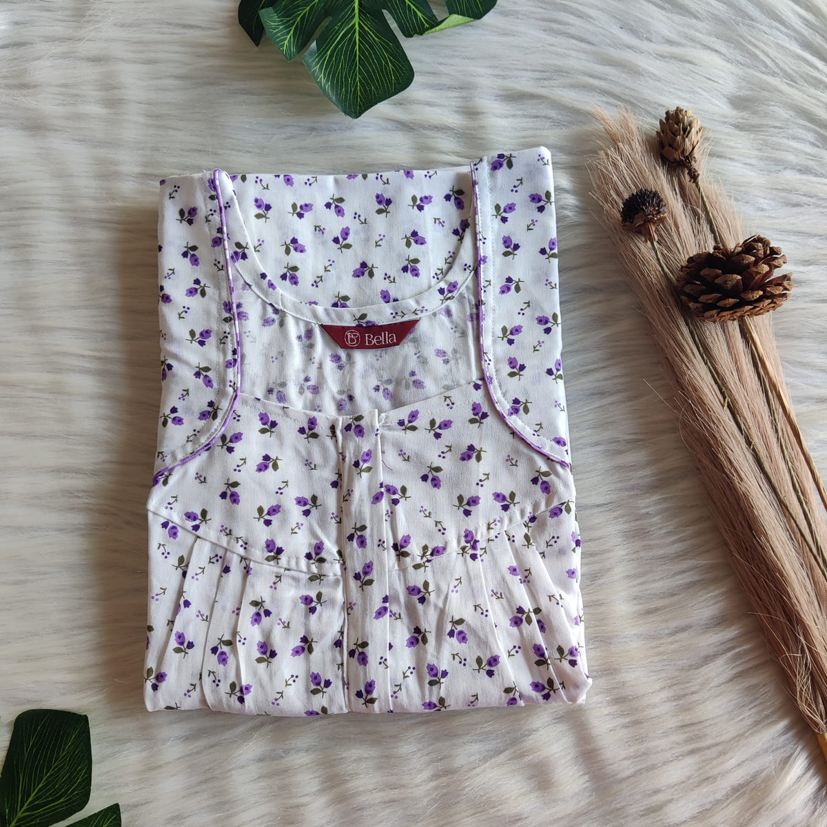 Purple Floral Printed White Premium Cotton Pleated Zip Nighty | Free Size | Chest Width 44″| Length 54″-55″