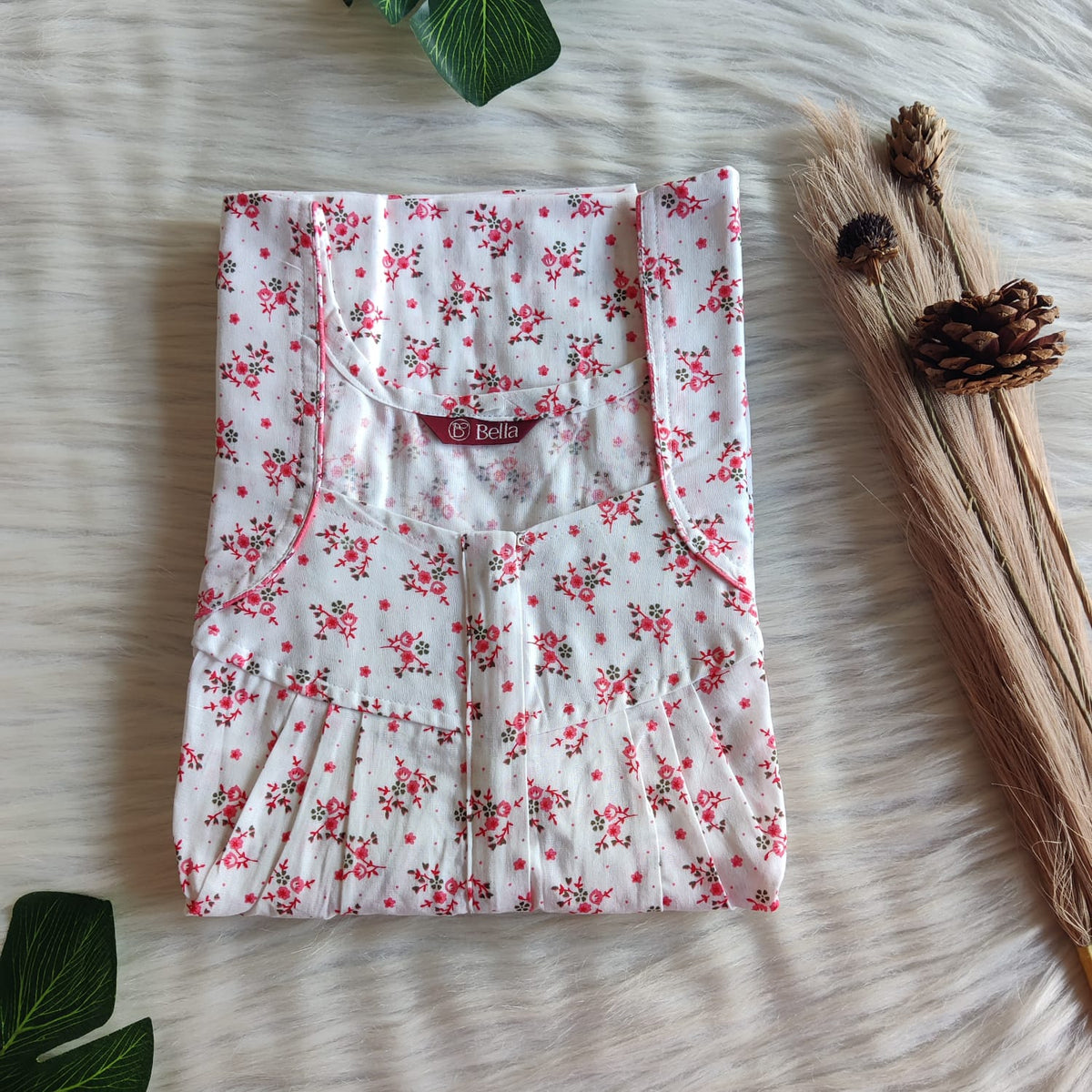 Red Floral Printed White Premium Cotton Pleated Zip Nighty | Free Size | Chest Width 44″| Length 54″-55″