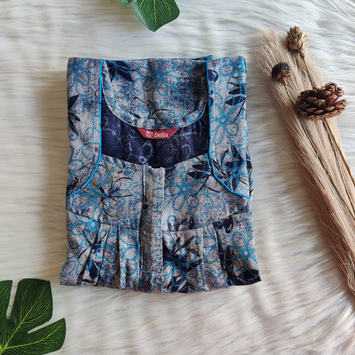 Blue Floral Printed Alfine Pleated Zip Nighty | Free Size | Chest Width 44″| Length 54″-55″