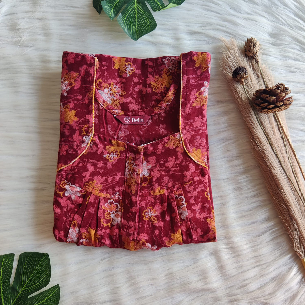 Maroon Floral Printed Alfine Pleated Zip Nighty | Free Size | Chest Width 44″| Length 54″-55″