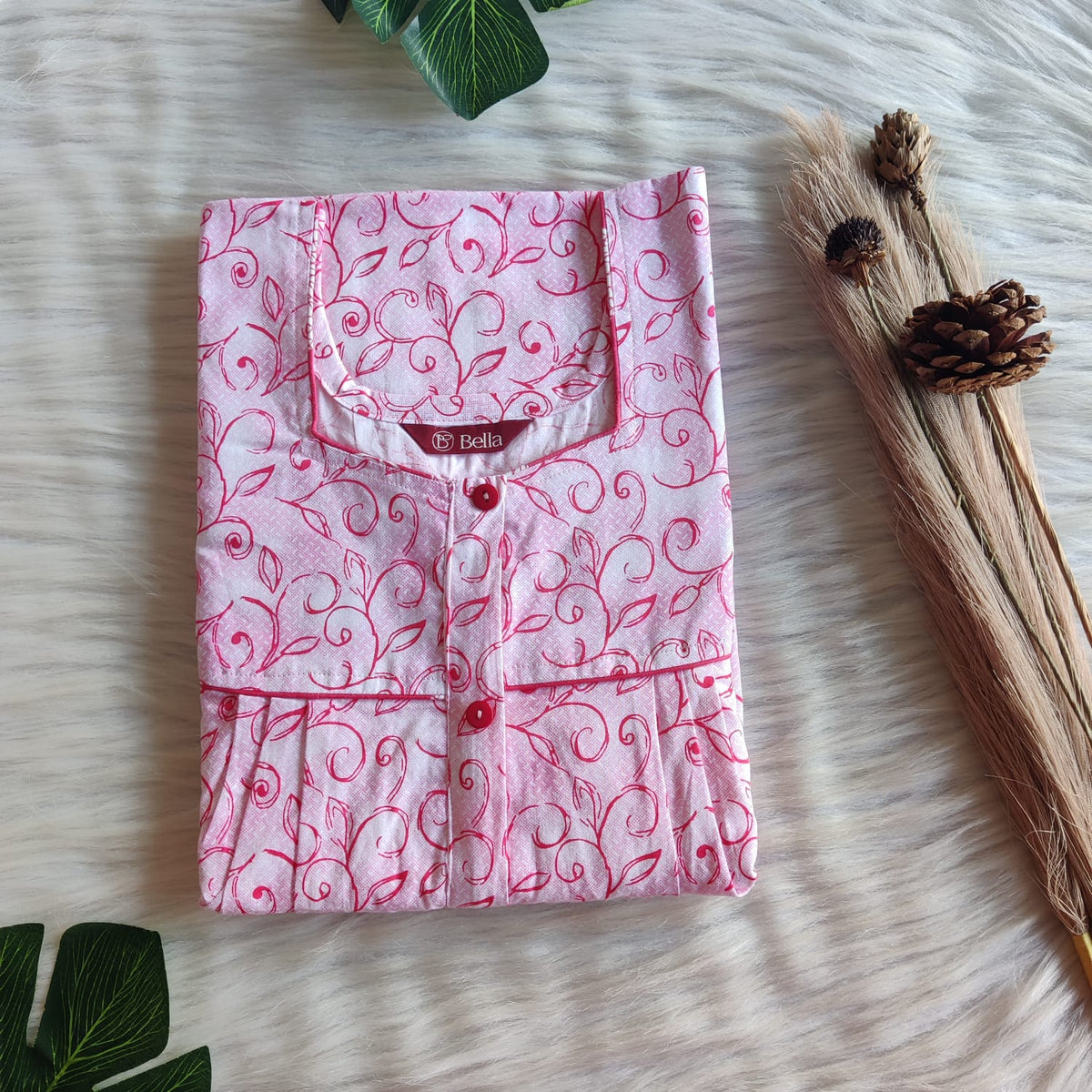 Pink Floral Printed Pure Cotton Button Zip Nighty | Free Size | Chest Width 44″| Length 55″-56″