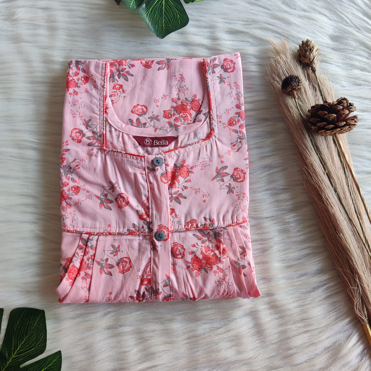 Peach Floral Printed Pure Cotton Button Zip Nighty | Free Size | Chest Width 44″| Length 55″-56″