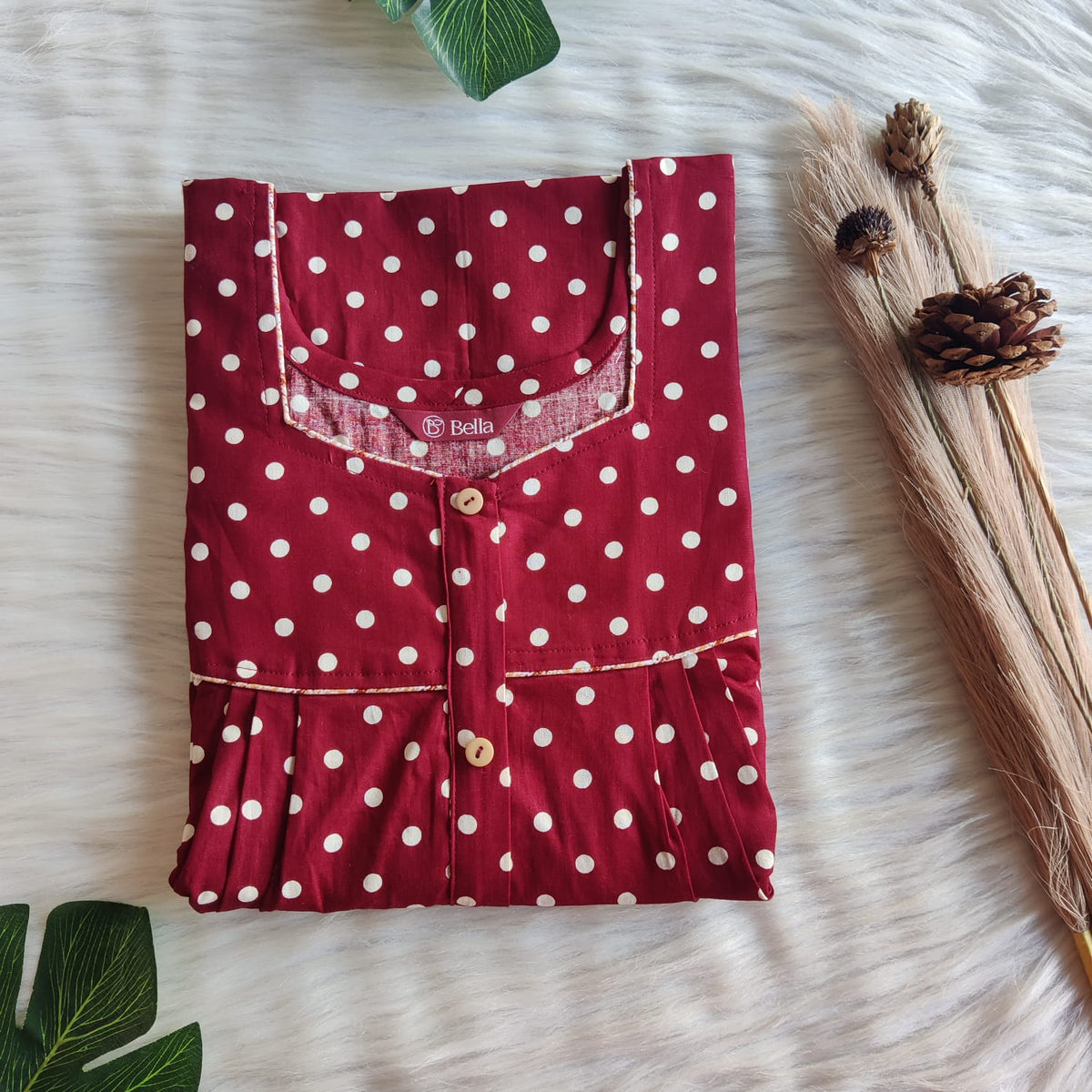 Maroon Polka Dot Printed Gujari Cotton Button Zip Nighty | Free Size | Chest Width 44″| Length 55″-56″