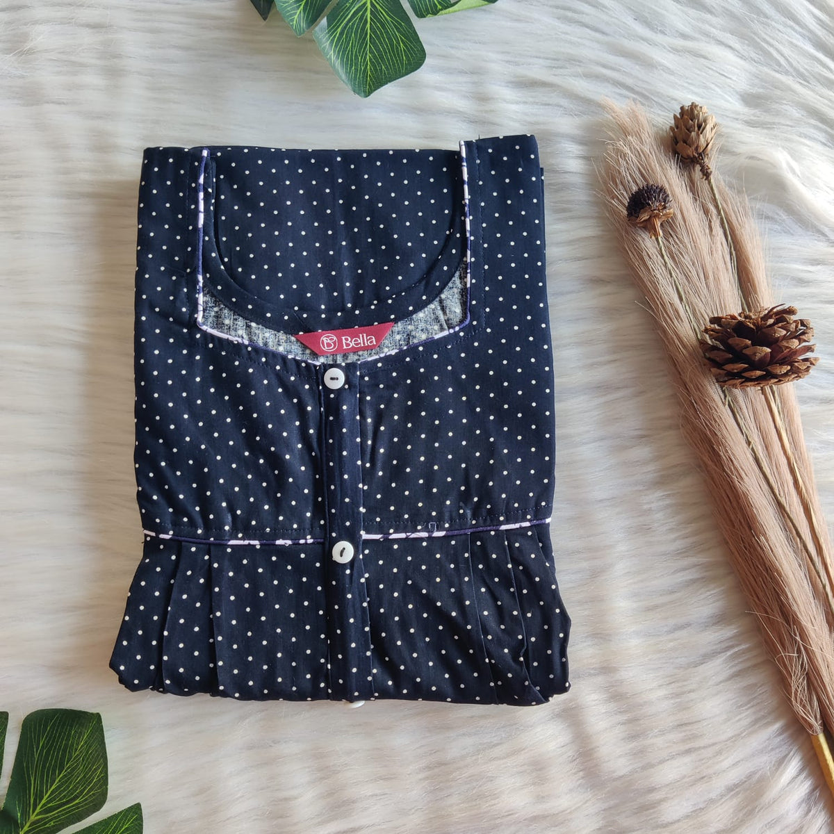 Navy-Blue Dot Printed Gujari Cotton Button Zip Nighty | Free Size | Chest Width 44″| Length 55″-56″