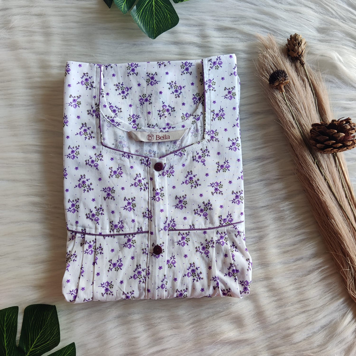 Purple Floral Printed White Premium Cotton Button Zip Nighty | Free Size | Chest Width 44″| Length 55″-56″