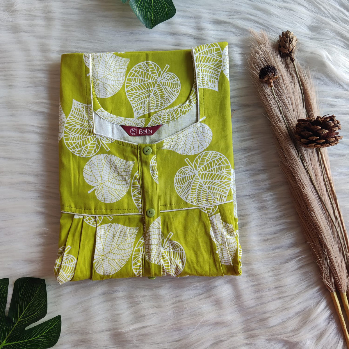 Pista Green Leaf Printed Premium Cotton Button Zip Nighty | Free Size | Chest Width 44″| Length 55″-56″