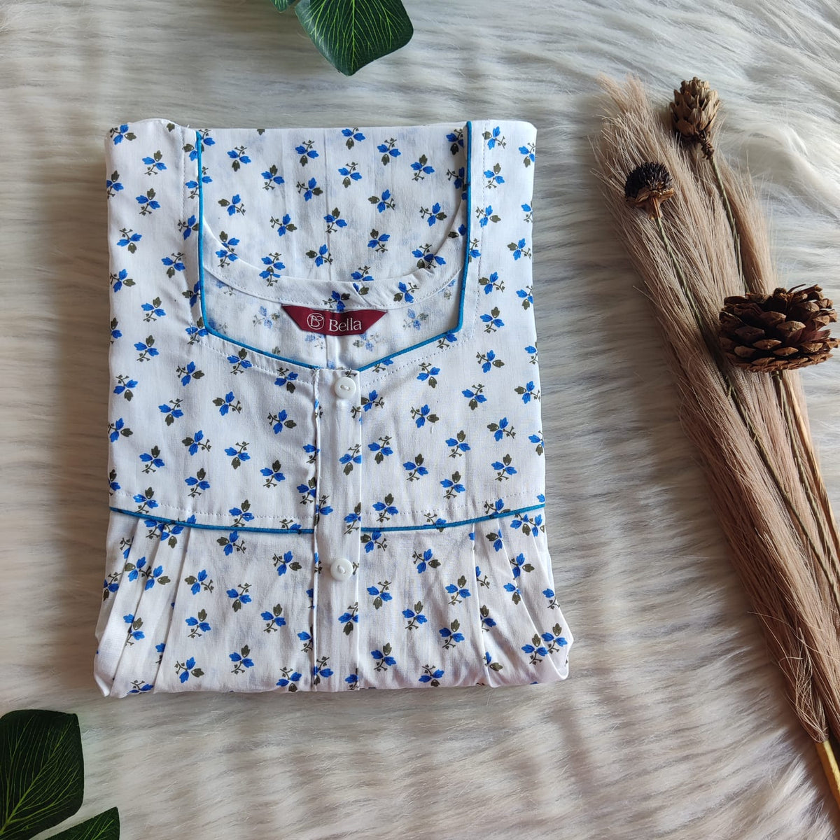 Blue Floral Printed White Premium Cotton Button Zip Nighty | Free Size | Chest Width 44″| Length 55″-56″