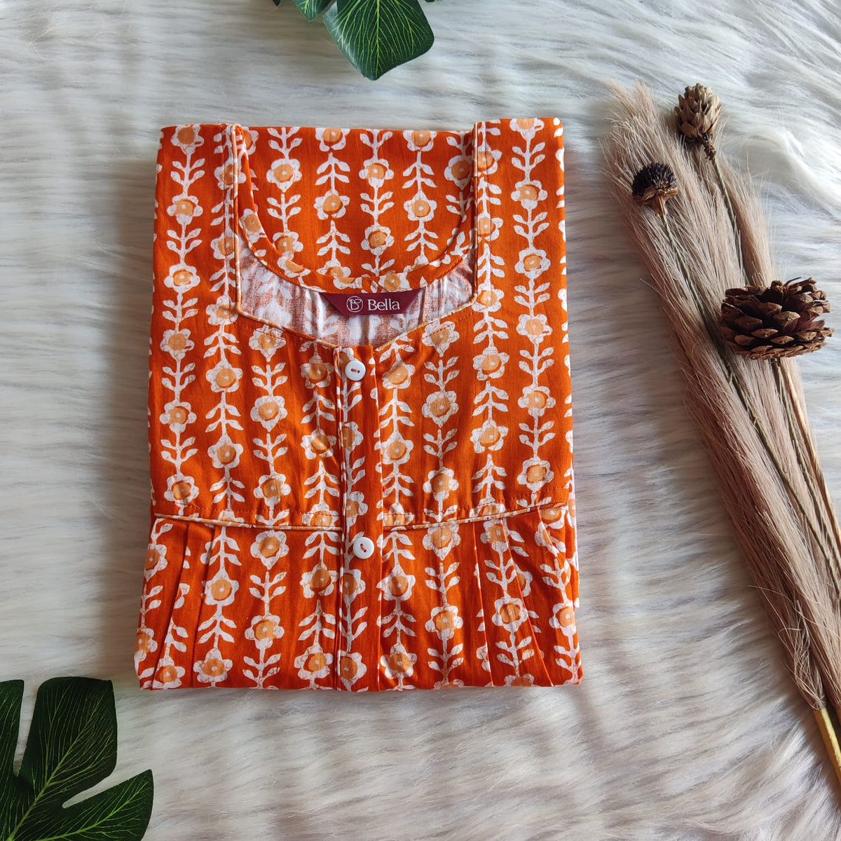 Orange Floral Premium Cotton Button Zip Nighty | Free Size | Chest Width 44″| Length 55″-56″