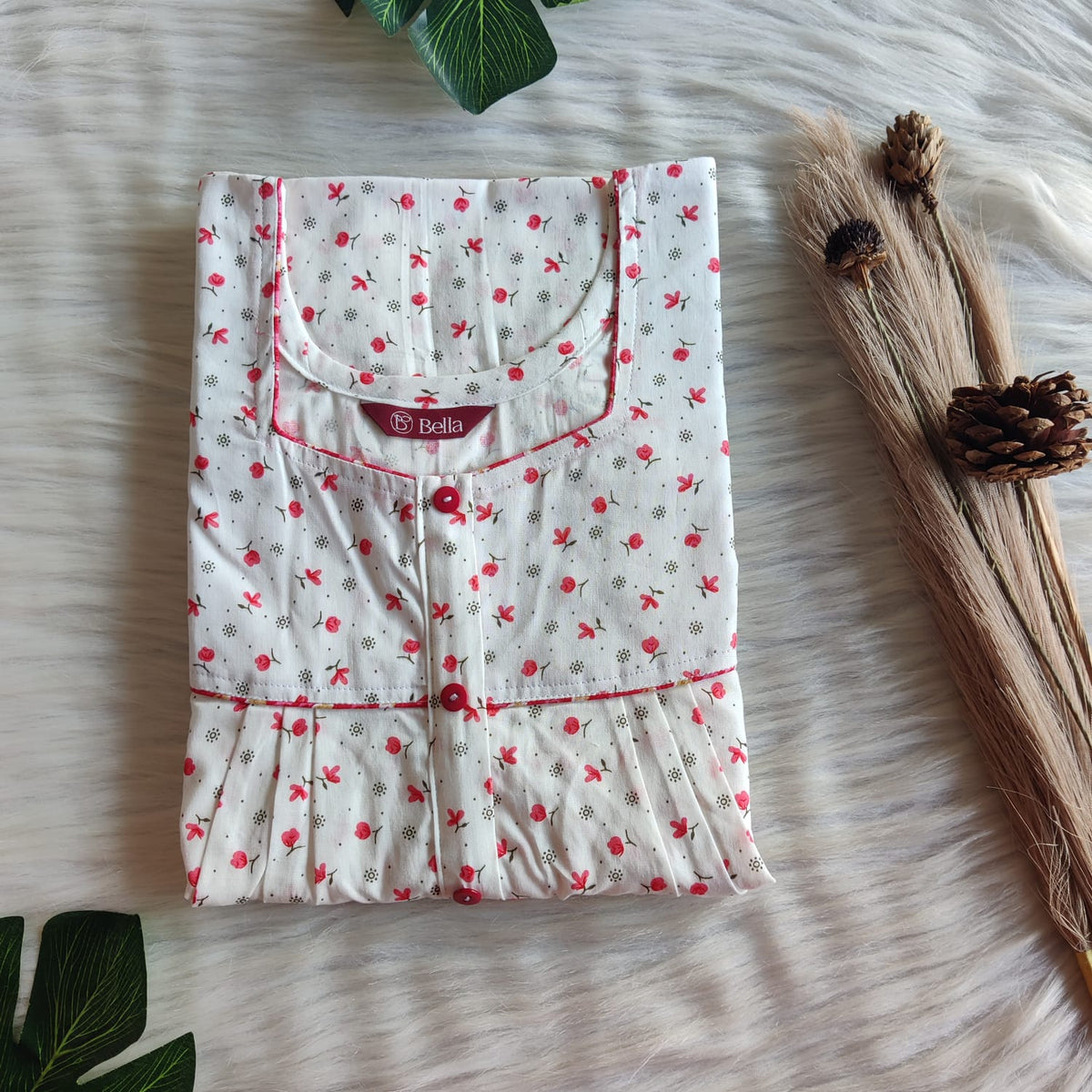 Peach Floral Printed White Premium Cotton Button Zip Nighty | Free Size | Chest Width 44″| Length 55″-56″