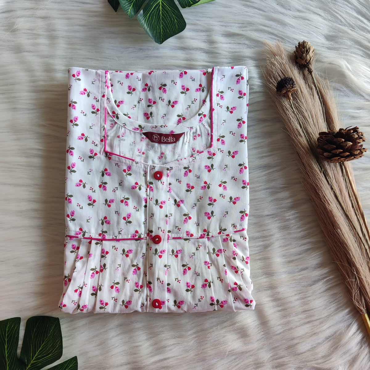 Pink Floral Printed White Premium Cotton Button Zip Nighty | Free Size | Chest Width 44″| Length 55″-56″
