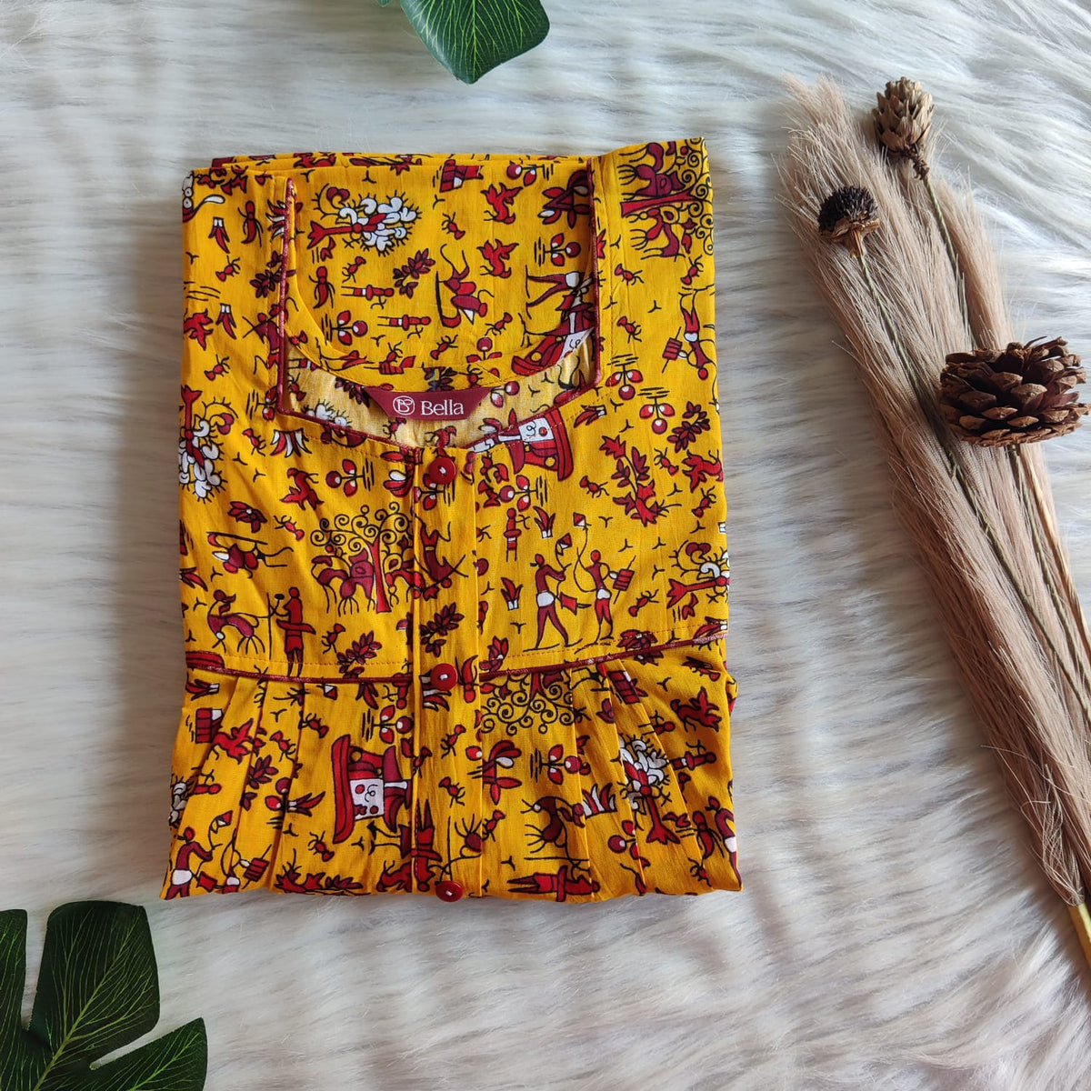 Yellow Kalamkari Premium Cotton Button Zip Nighty | Free Size | Chest Width 44″| Length 55″-56″