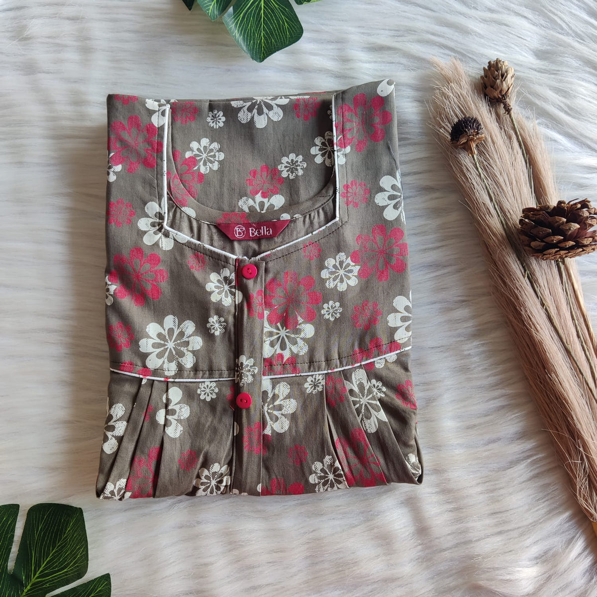 Grey Floral Printed Discharge Cotton Button Zip Nighty | Free Size | Chest Width 44″| Length 55″-56″