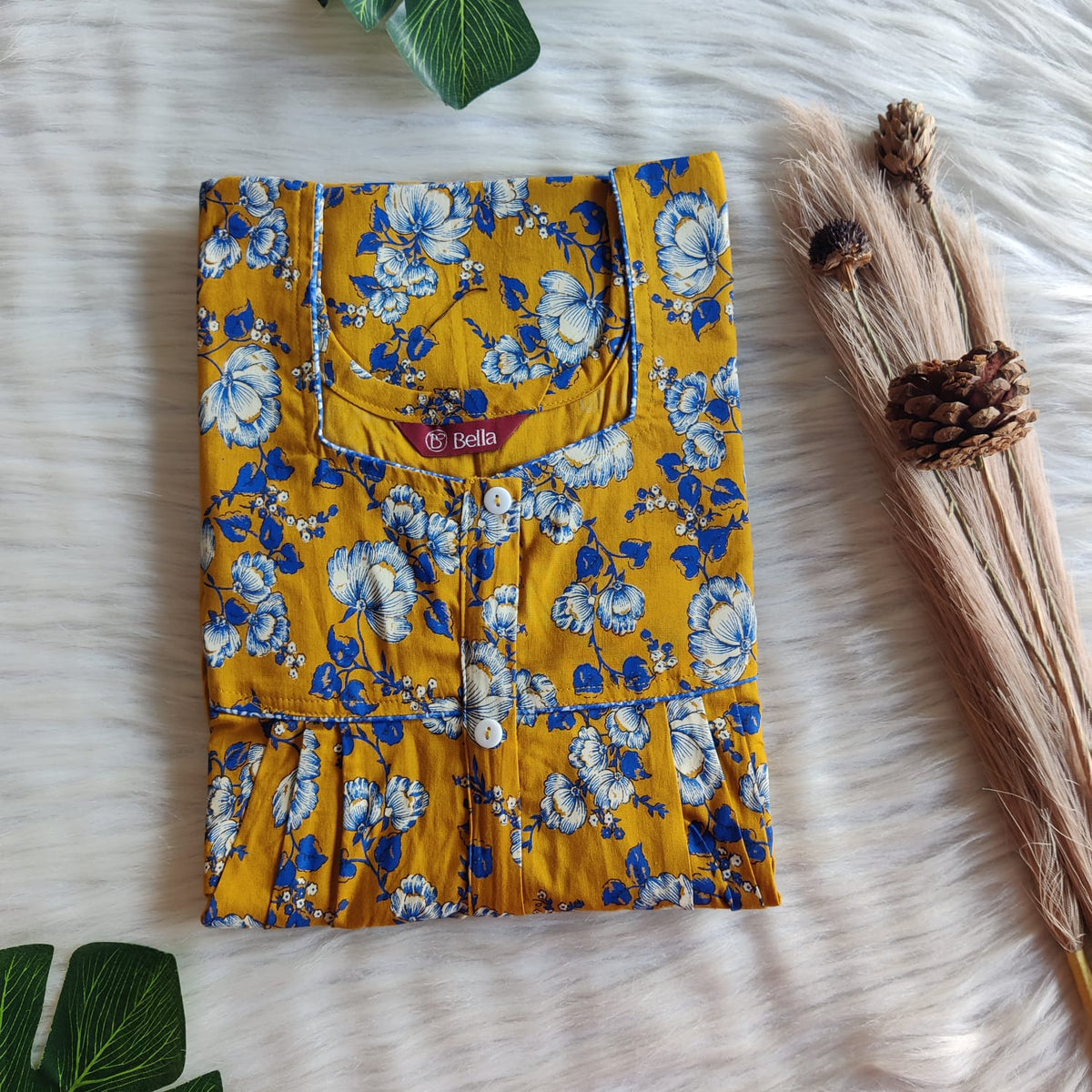 Yellow Floral Printed Discharge Cotton Button Zip Nighty | Free Size | Chest Width 44″| Length 55″-56″
