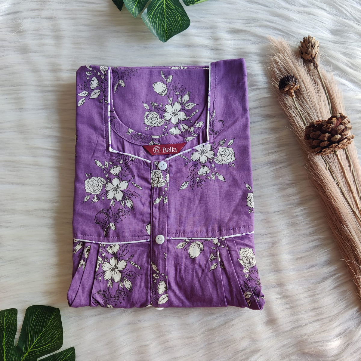 Purple Floral Printed Discharge Cotton Button Zip Nighty | Free Size | Chest Width 44″| Length 55″-56″