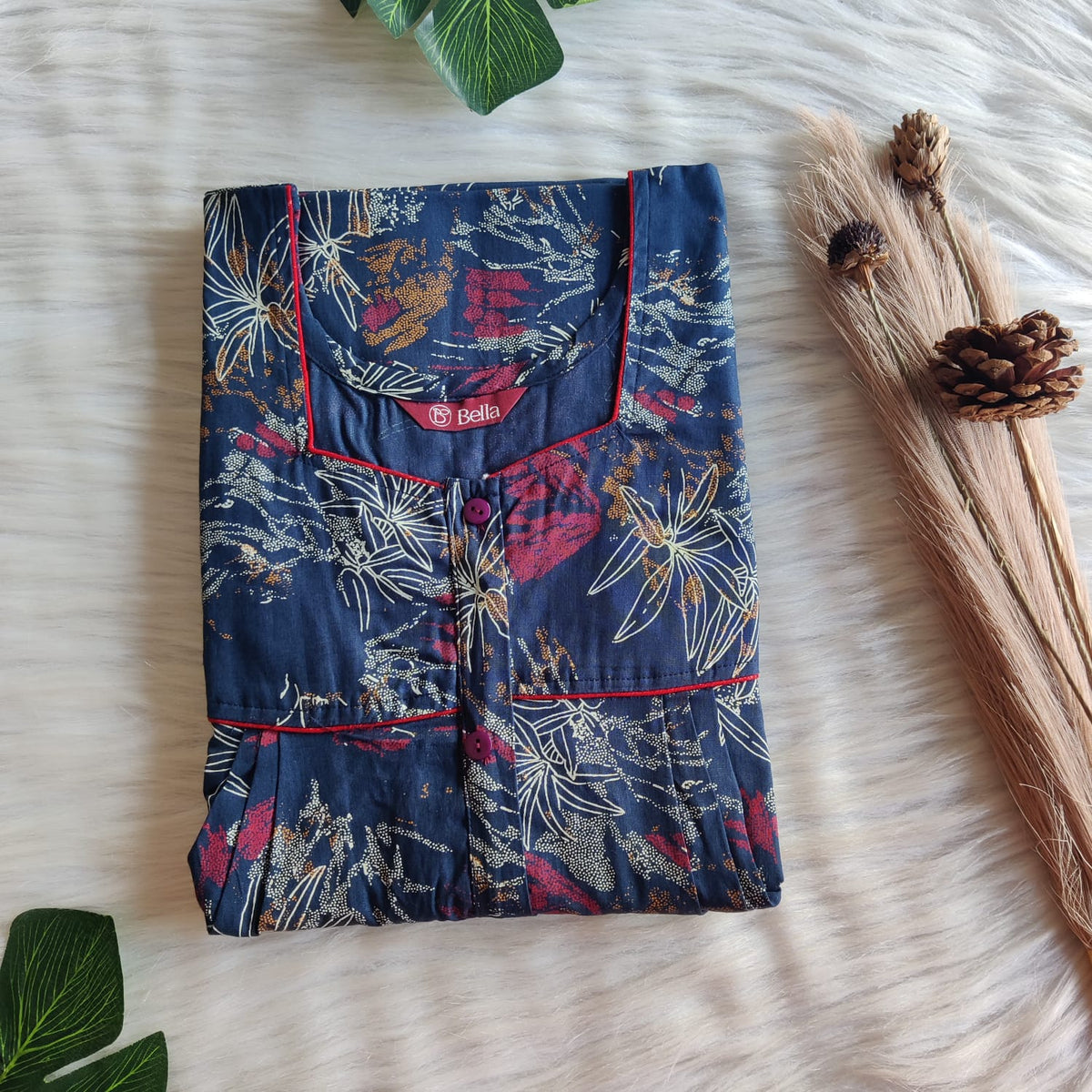 Blue Floral Printed Discharge Cotton Button Zip Nighty | Free Size | Chest Width 44″| Length 55″-56″
