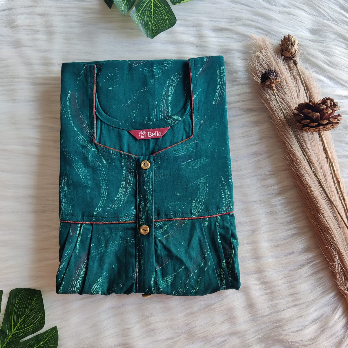 Green Printed Discharge Cotton Button Zip Nighty | Free Size | Chest Width 44″| Length 55″-56″