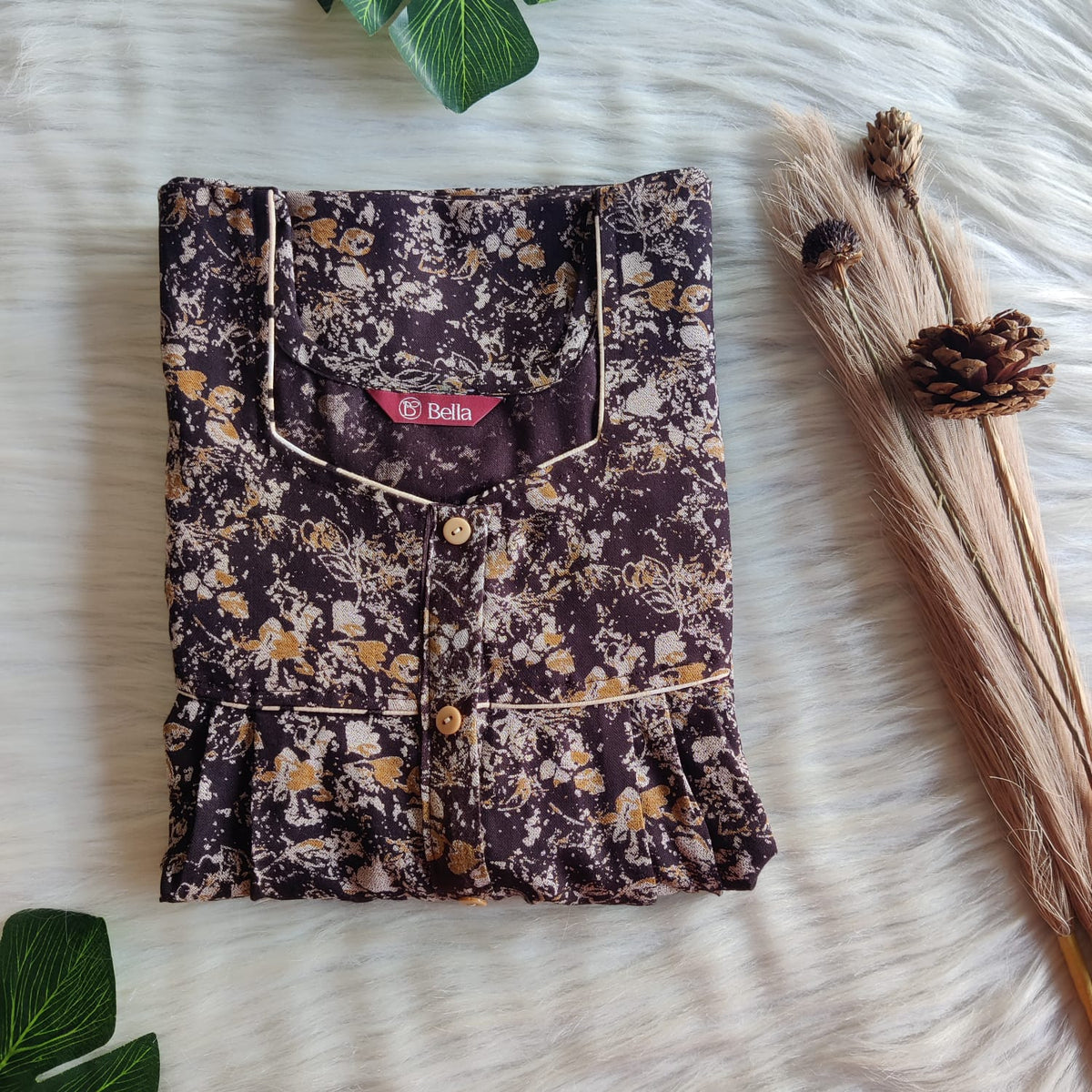 Coffee Brown Printed Alfine Button Zip Nighty | Free Size | Chest Width 44″| Length 54″-56″