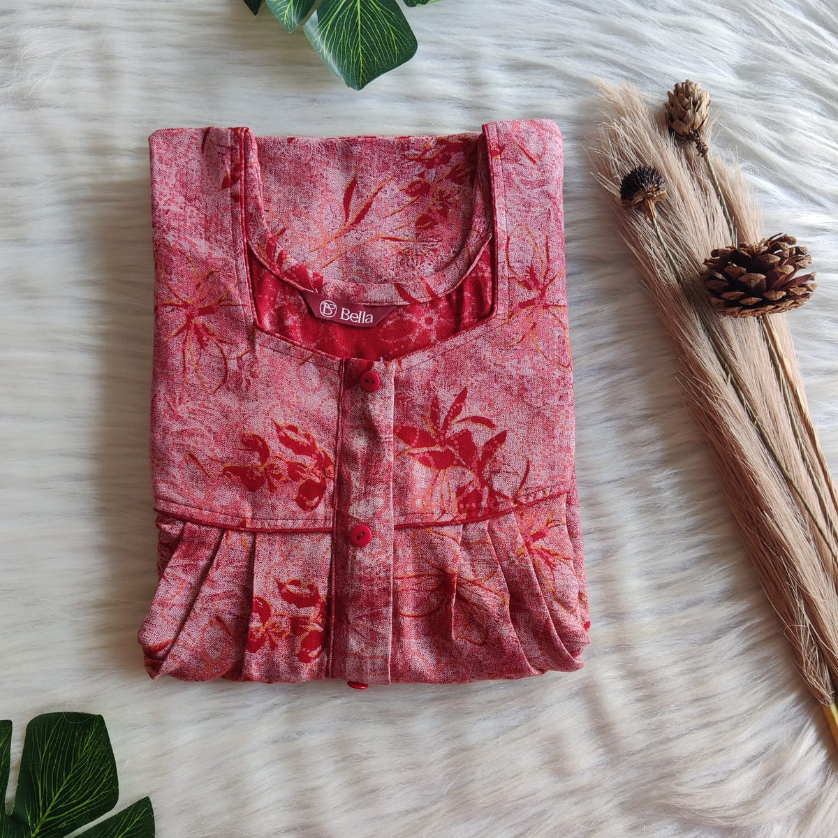 Red Printed Alfine Button Zip Nighty | Free Size | Chest Width 44″| Length 54″-56″