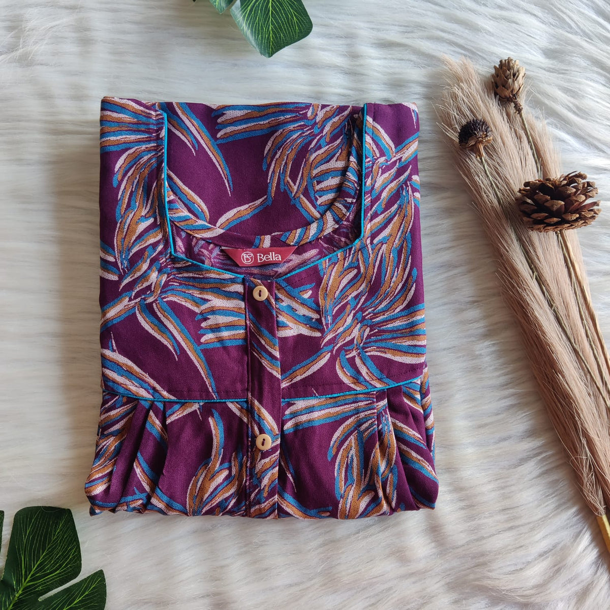 Wine Printed Alfine Button Zip Nighty | Free Size | Chest Width 44″| Length 54″-56″