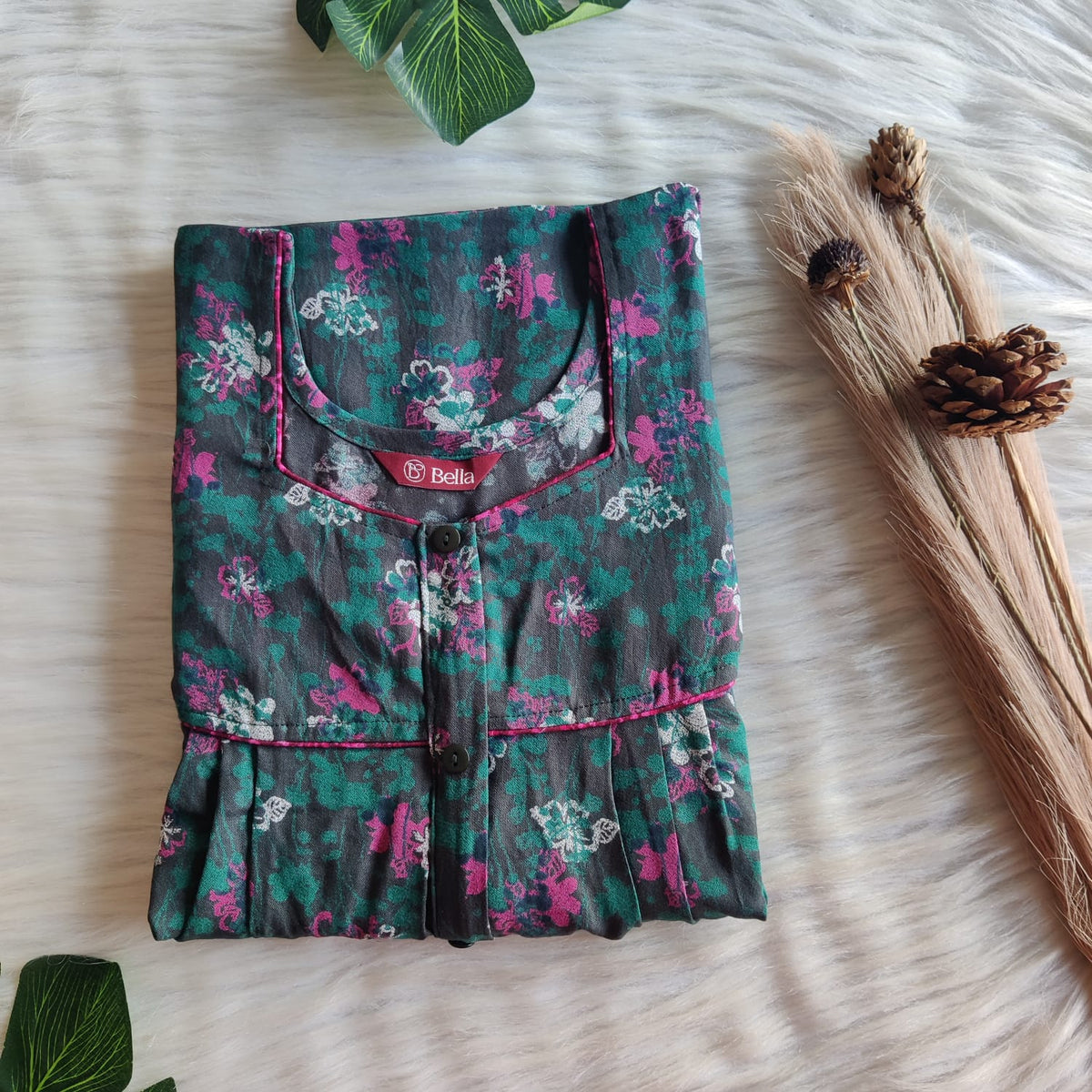 Green Floral Printed Alfine Button Zip Nighty | Free Size | Chest Width 44″| Length 54″-56″