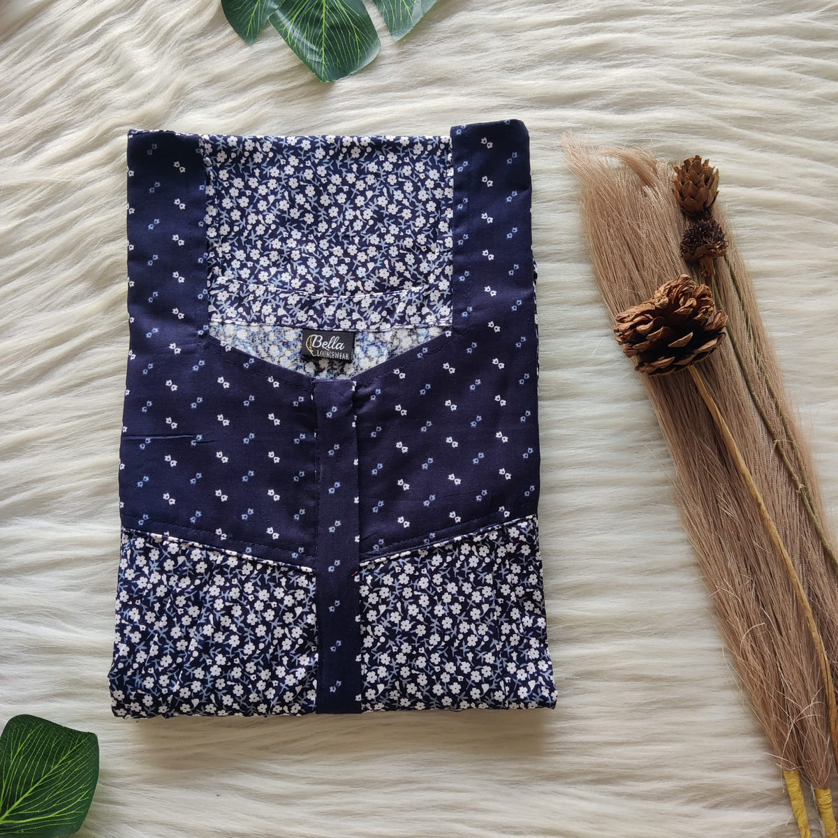 Navy Blue And White Floral Premium Cotton Square Neck Pleated Nighty | Free Size | Chest Width 44″| Length 55″-56″
