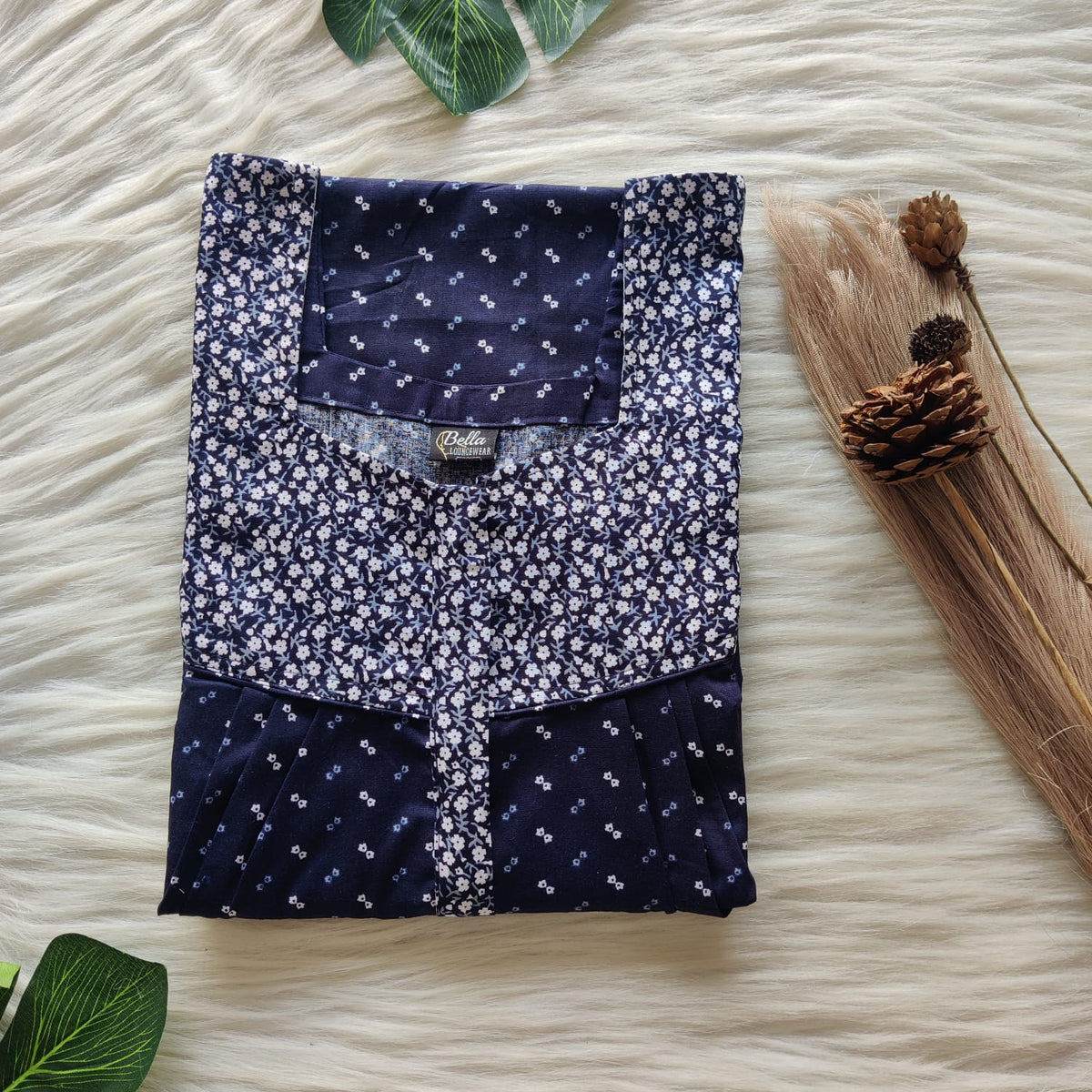 White And Navy Blue Premium Cotton Square Neck Pleated Nighty | Free Size | Chest Width 44″| Length 55″-56″
