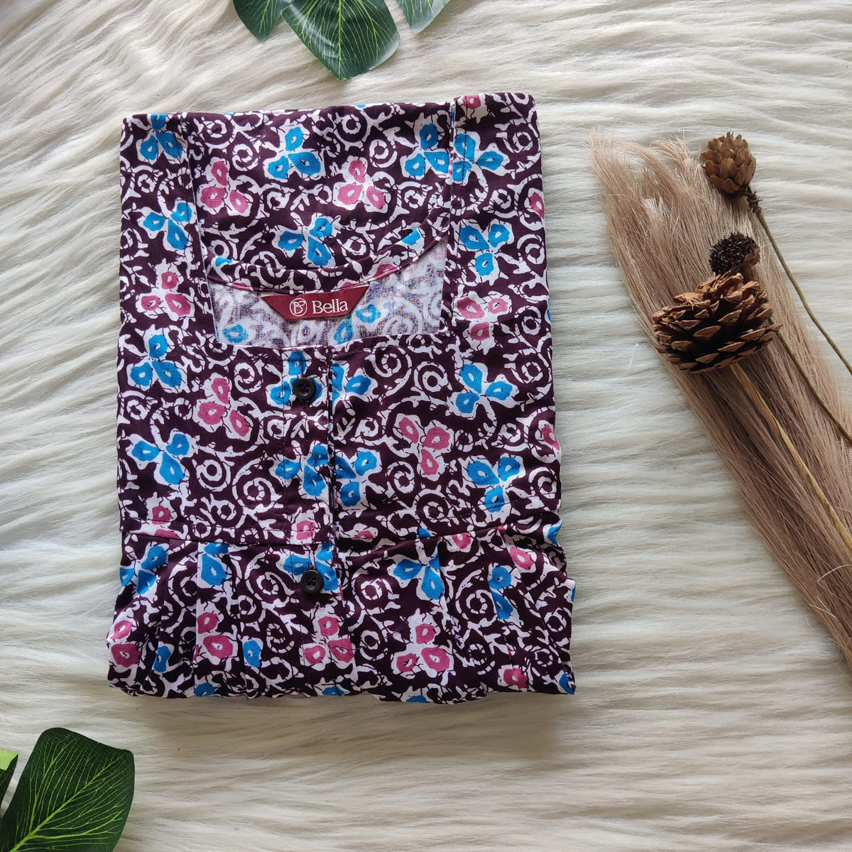 Blue Floral Printed Coffee Brown Premium Cotton Full Open Labour Room Nighty | Free Size | Chest Width 44"| Length 54"-56"