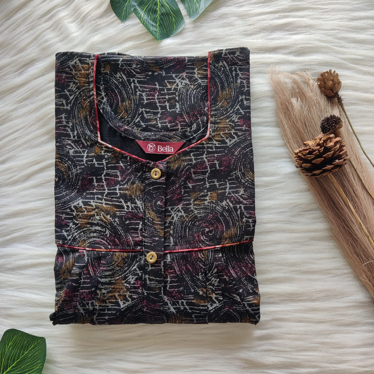 Black Printed Discharge Cotton Button Zip Nighty | Free Size | Chest Width 44″| Length 55″-56″