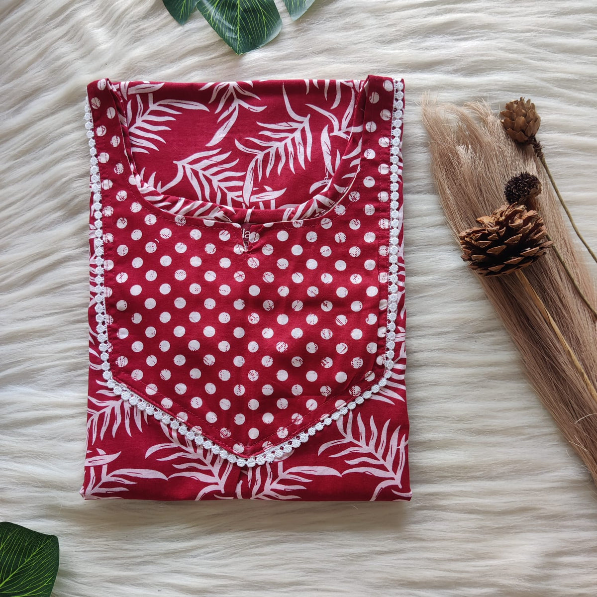 White And Maroon Printed Premium Cotton Mix N Match Lace Pocket Nighty | Free Size | Chest Width 44″| Length 56″