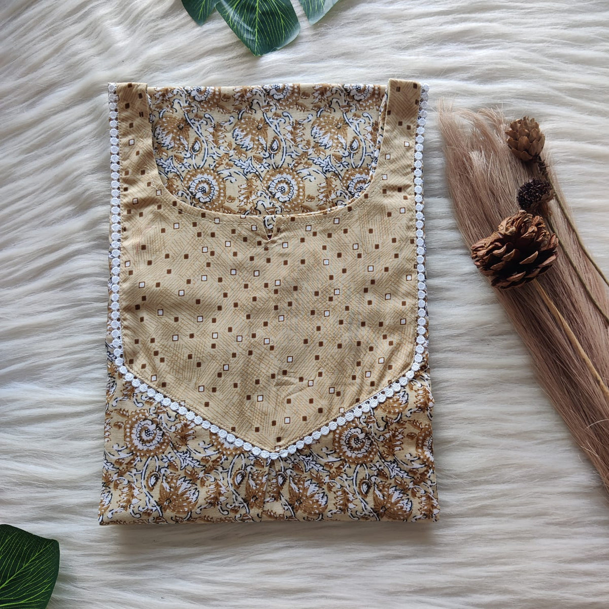 Cream And Brown Floral Printed Premium Cotton Mix N Match Lace Pocket Nighty | Free Size | Chest Width 44″| Length 56″