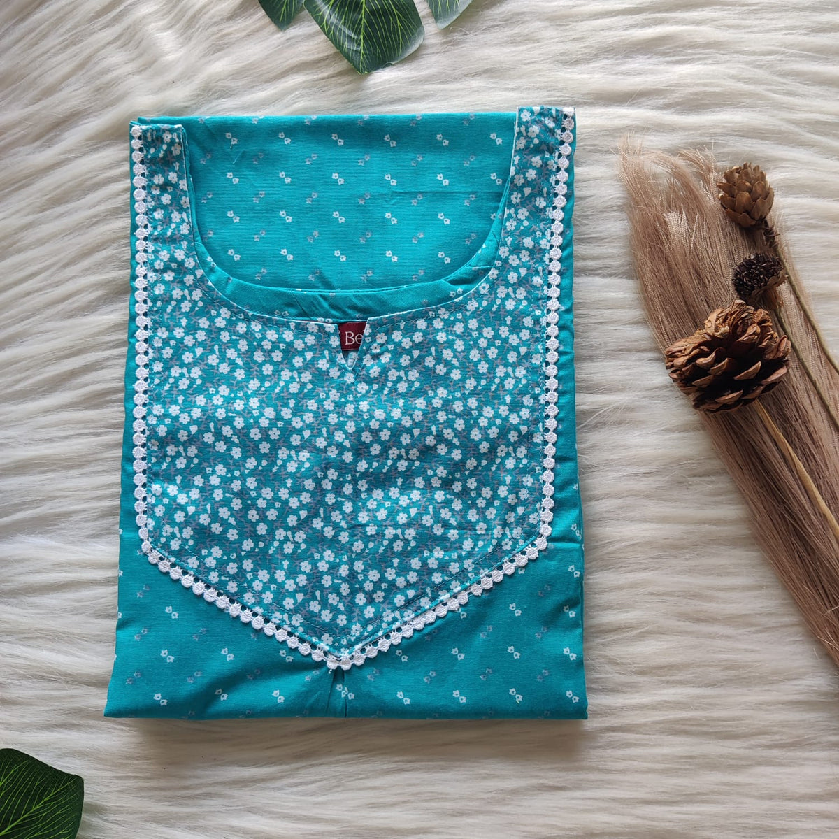 White And Blue Printed Premium Cotton Mix N Match Lace Pocket Nighty | Free Size | Chest Width 44″| Length 56″