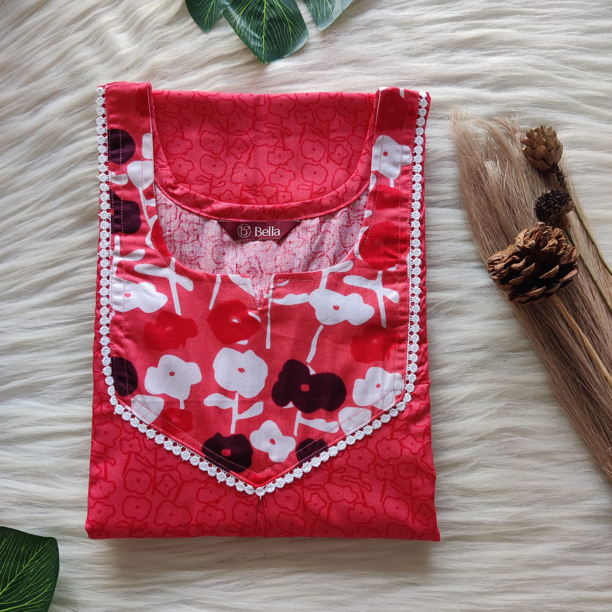 Wine And Red Printed Premium Cotton Mix N Match Lace Pocket Nighty | Free Size | Chest Width 44″| Length 56″