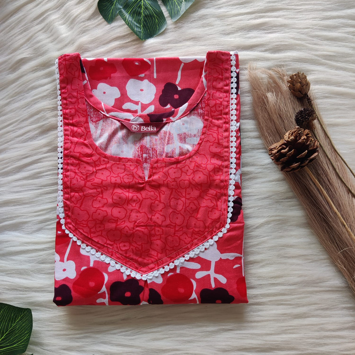 Red And Wine Floral Printed Premium Cotton Mix N Match Lace Pocket Nighty | Free Size | Chest Width 44″| Length 56″