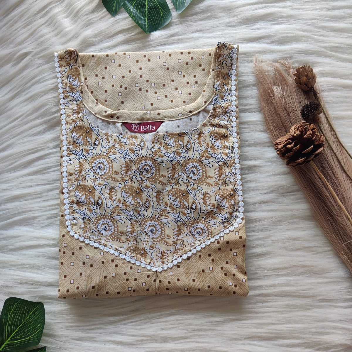 White And Pastel Olive Green Printed Premium Cotton Mix N Match Lace Pocket Nighty | Free Size | Chest Width 44″| Length 56″