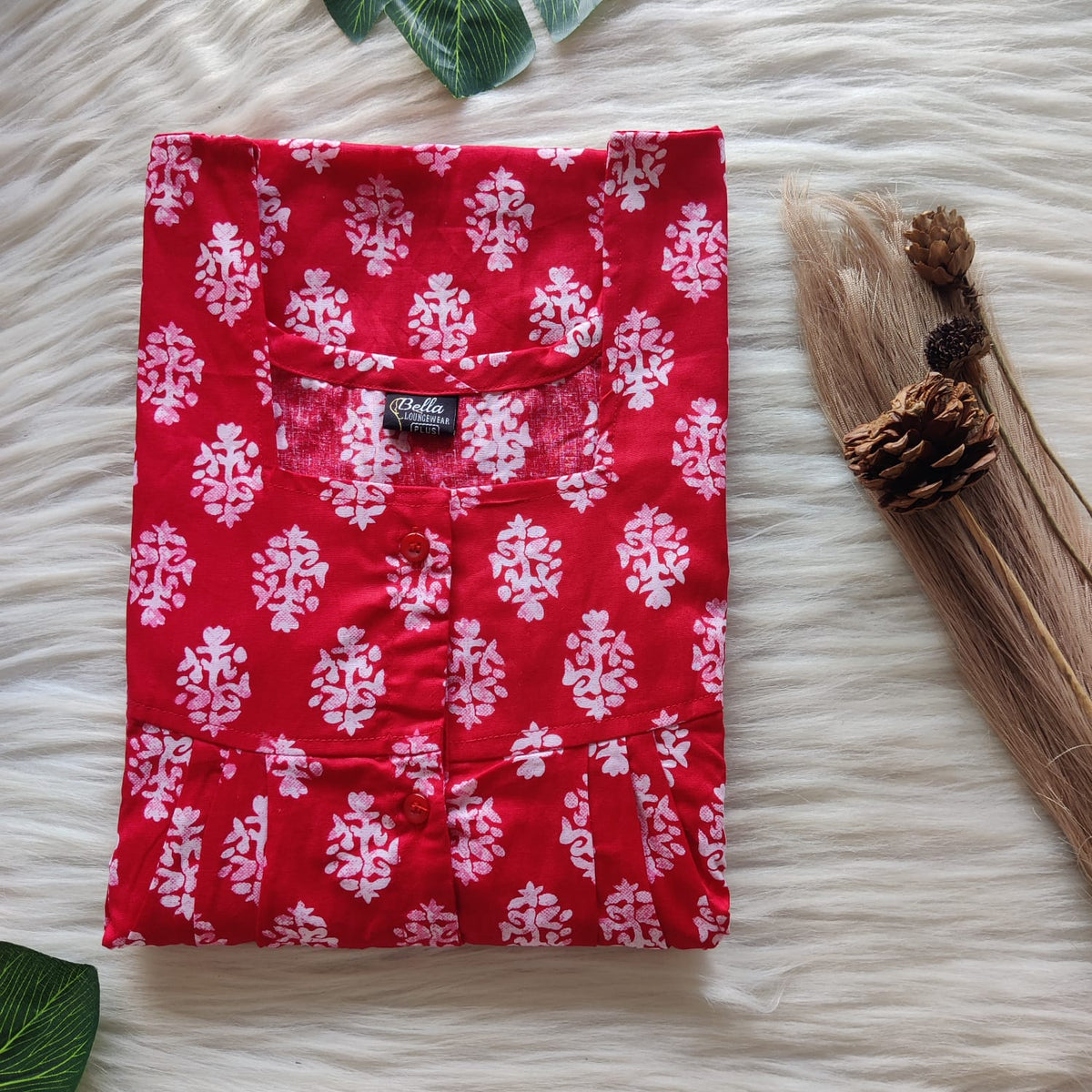 Red Floral Printed Premium Cotton Plus Size Full Open Labour Room Nighty| Chest Width 48"-50"| Length 54"-56"
