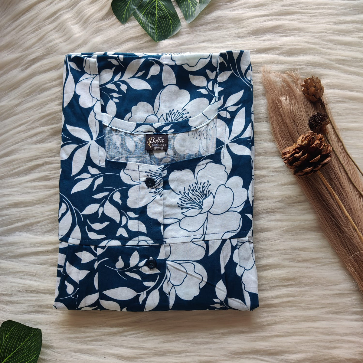 White Floral Printed Teal Premium Cotton Plus Size Full Open Labour Room Nighty| Chest Width 48"-50"| Length 54"-56"