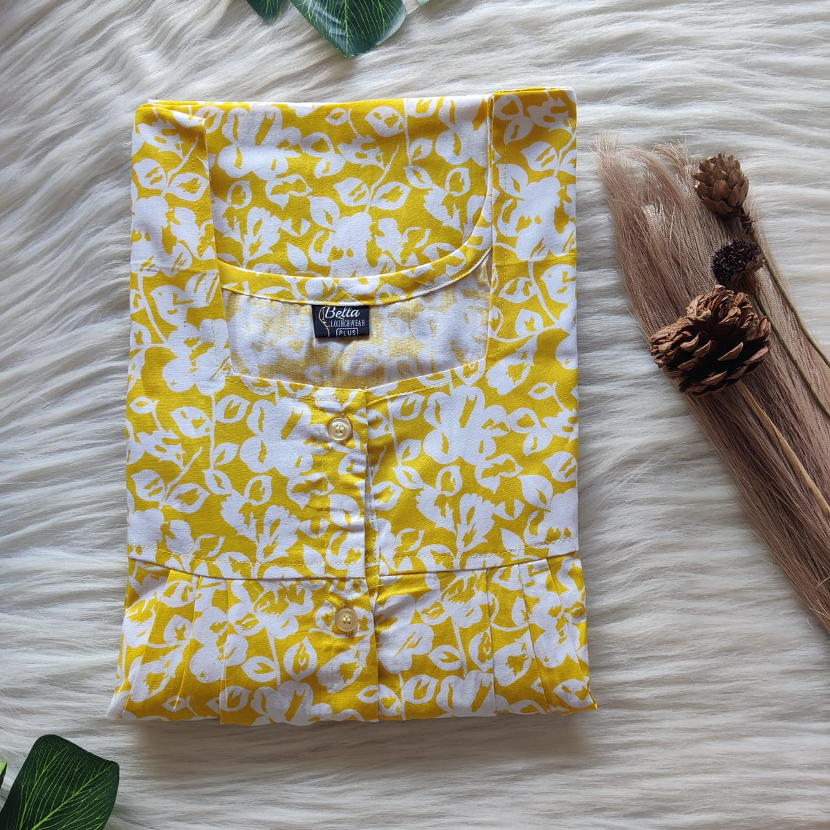 Yellow Floral Printed Premium Cotton Plus Size Full Open Labour Room Nighty| Chest Width 48"-50"| Length 54"-56"