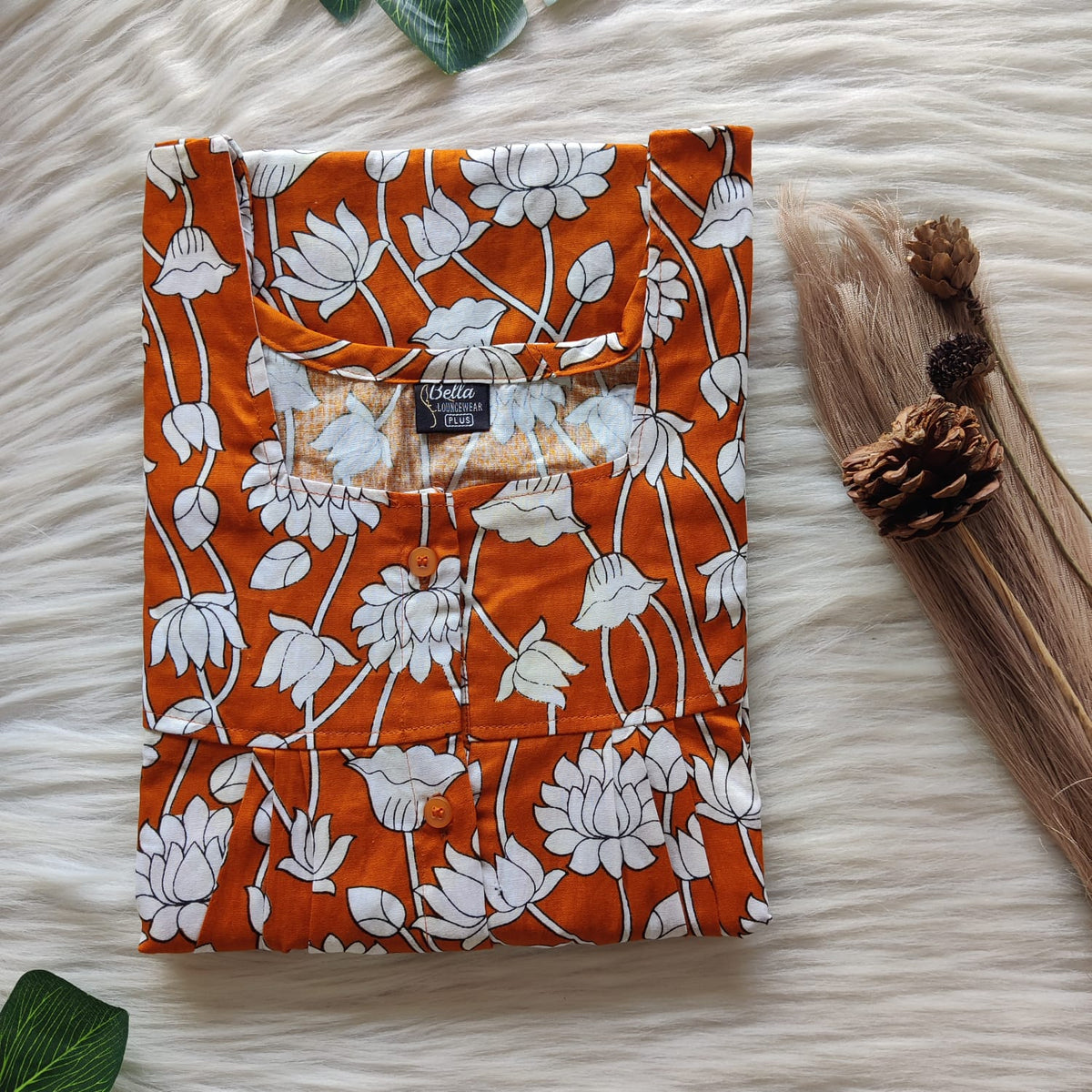 White Floral Printed Orange Premium Cotton Plus Size Full Open Labour Room Nighty| Chest Width 48"-50"| Length 54"-56"