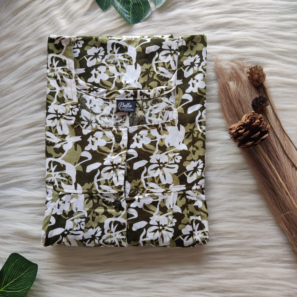 Olive Green Printed Premium Cotton Plus Size Full Open Labour Room Nighty| Chest Width 48"-50"| Length 54"-56"