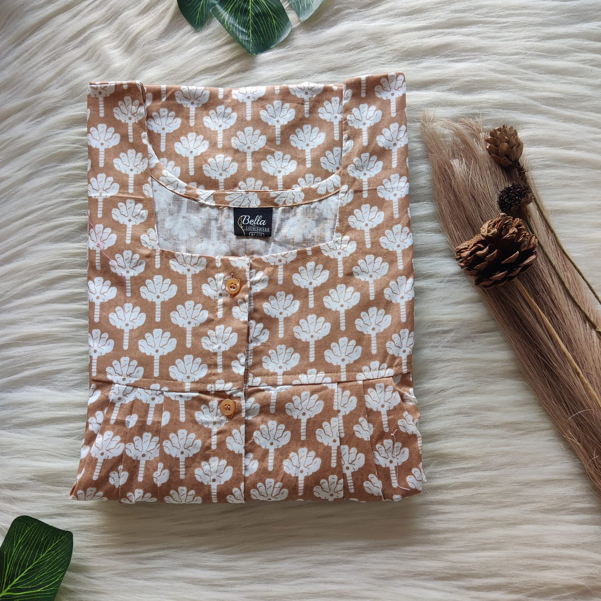 Pastel Brown Printed Premium Cotton Plus Size Full Open Labour Room Nighty| Chest Width 48"-50"| Length 54"-56"