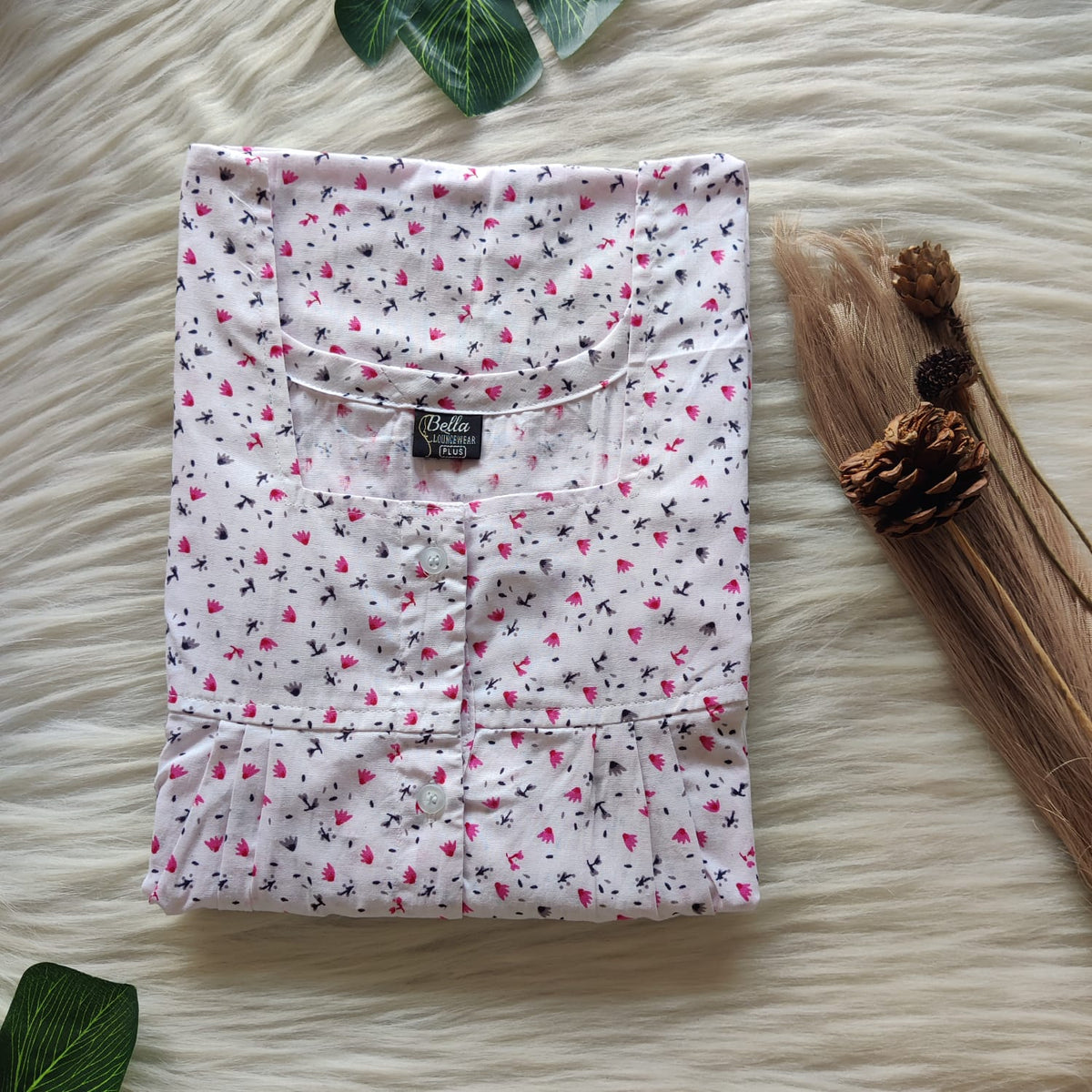 Pink Floral Printed White Premium Cotton Plus Size Full Open Labour Room Nighty| Chest Width 48"-50"| Length 54"-56"