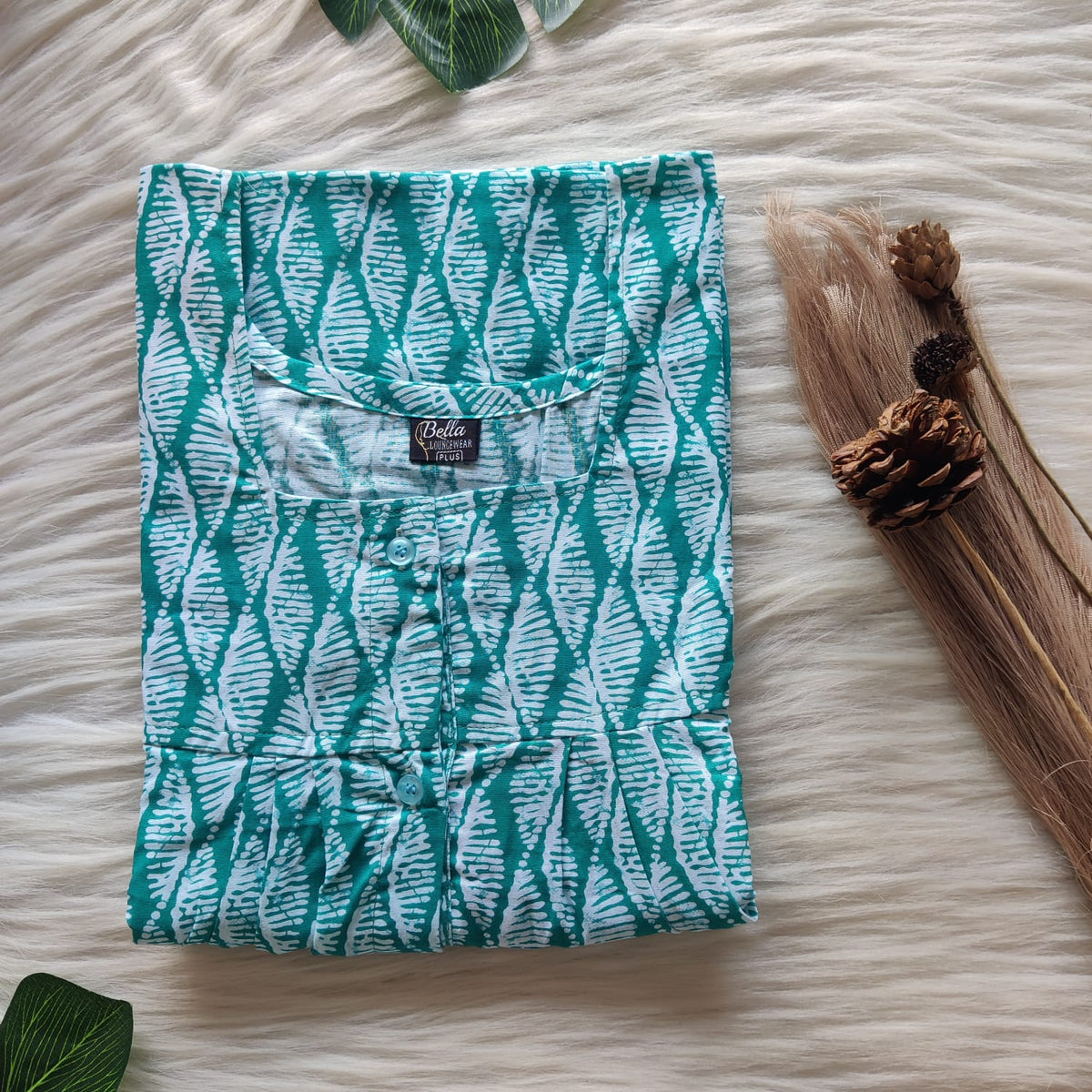 Aqua Green Printed Premium Cotton Plus Size Full Open Labour Room Nighty| Chest Width 48"-50"| Length 54"-56"