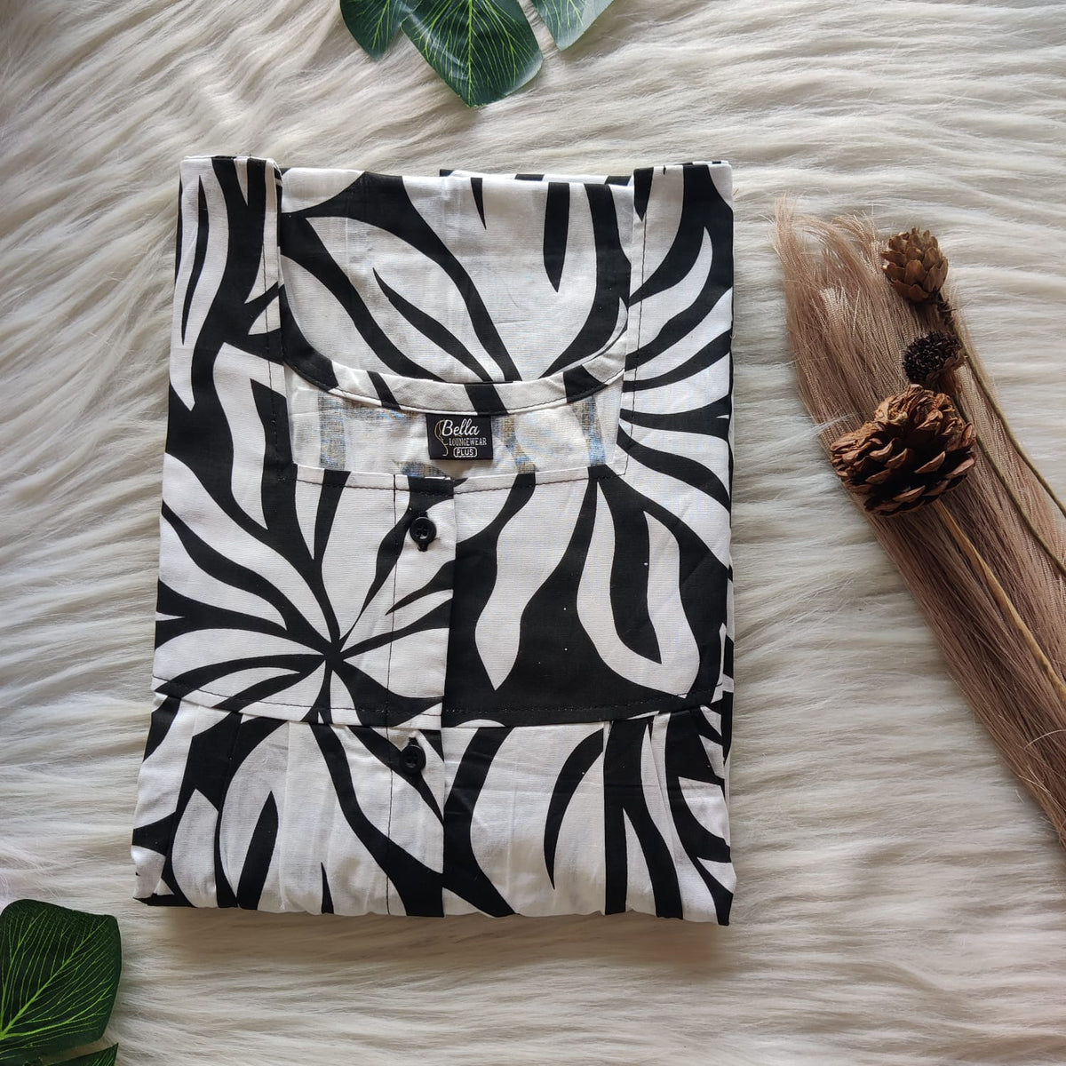 Black And White Printed Premium Cotton Plus Size Full Open Labour Room Nighty| Chest Width 48"-50"| Length 54"-56"
