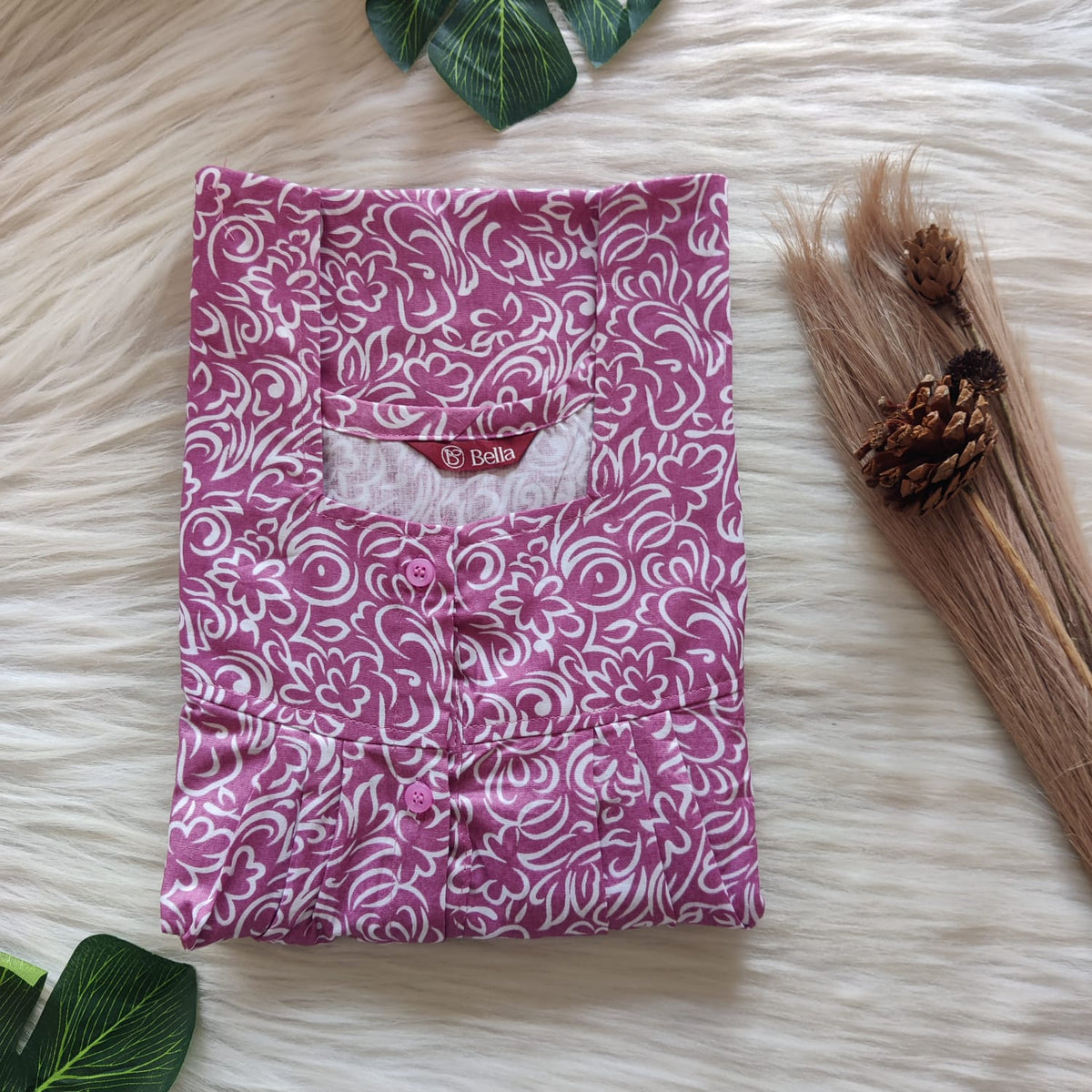 Mauve And White Floral Printed Premium Cotton Full Open Labour Room Nighty | Free Size | Chest Width 44"| Length 54"-56"