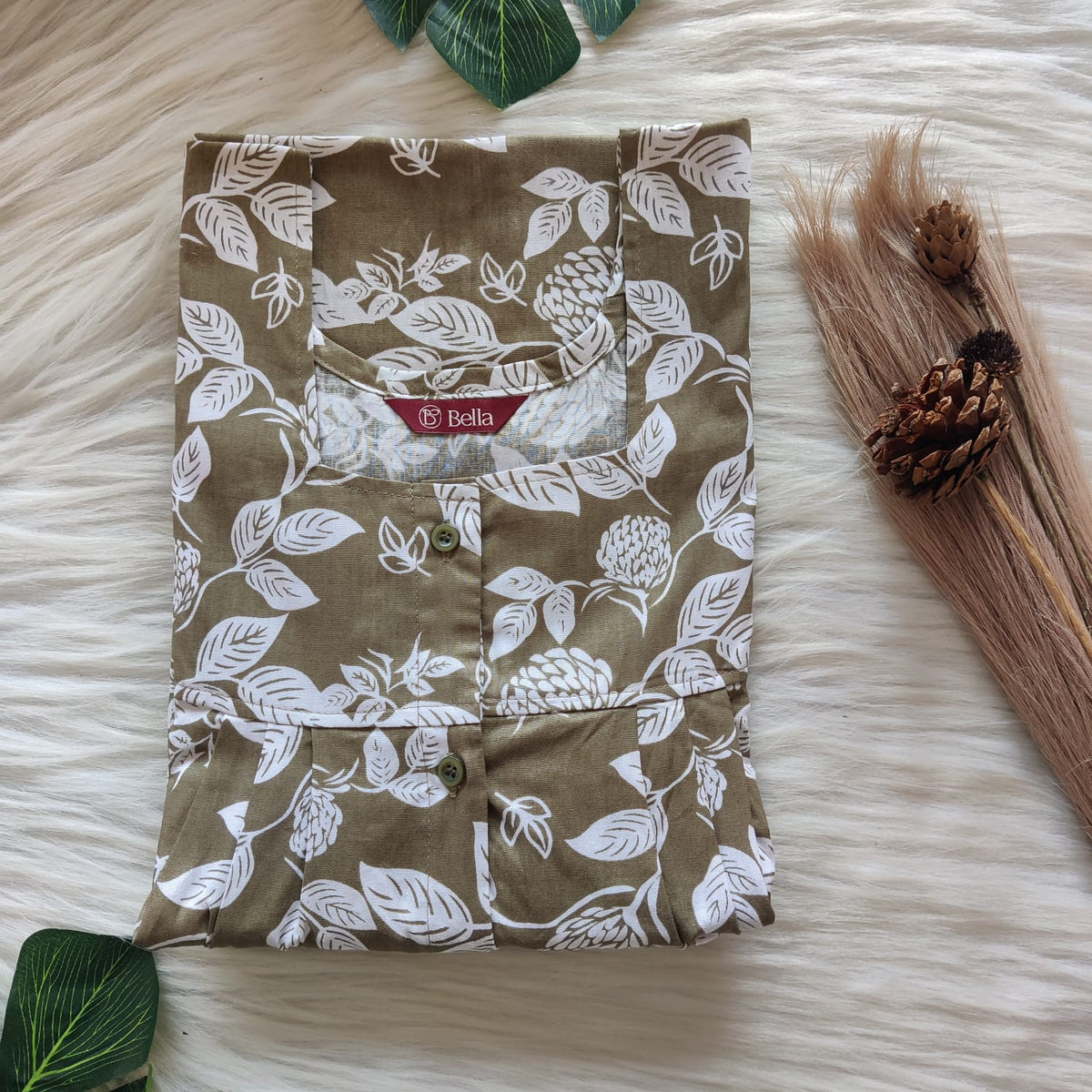 Green Leaf Printed Olive Green Printed Premium Cotton Full Open Labour Room Nighty | Free Size | Chest Width 44"| Length 54"-56"