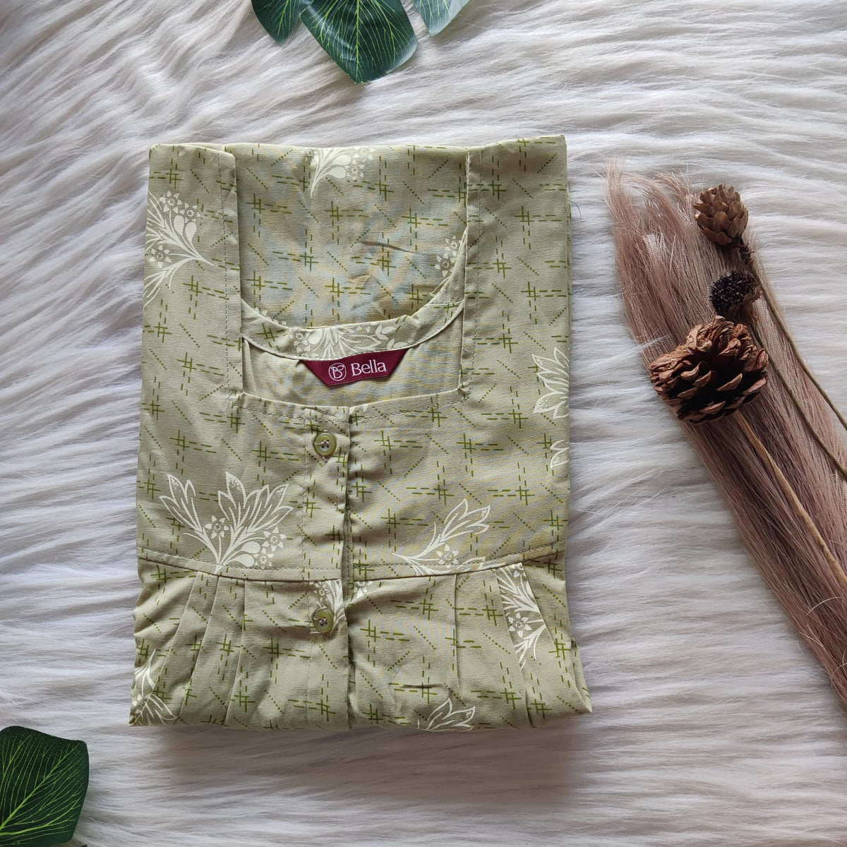 Pastel Green Printed Premium Cotton Full Open Labour Room Nighty | Free Size | Chest Width 44"| Length 54"-56"