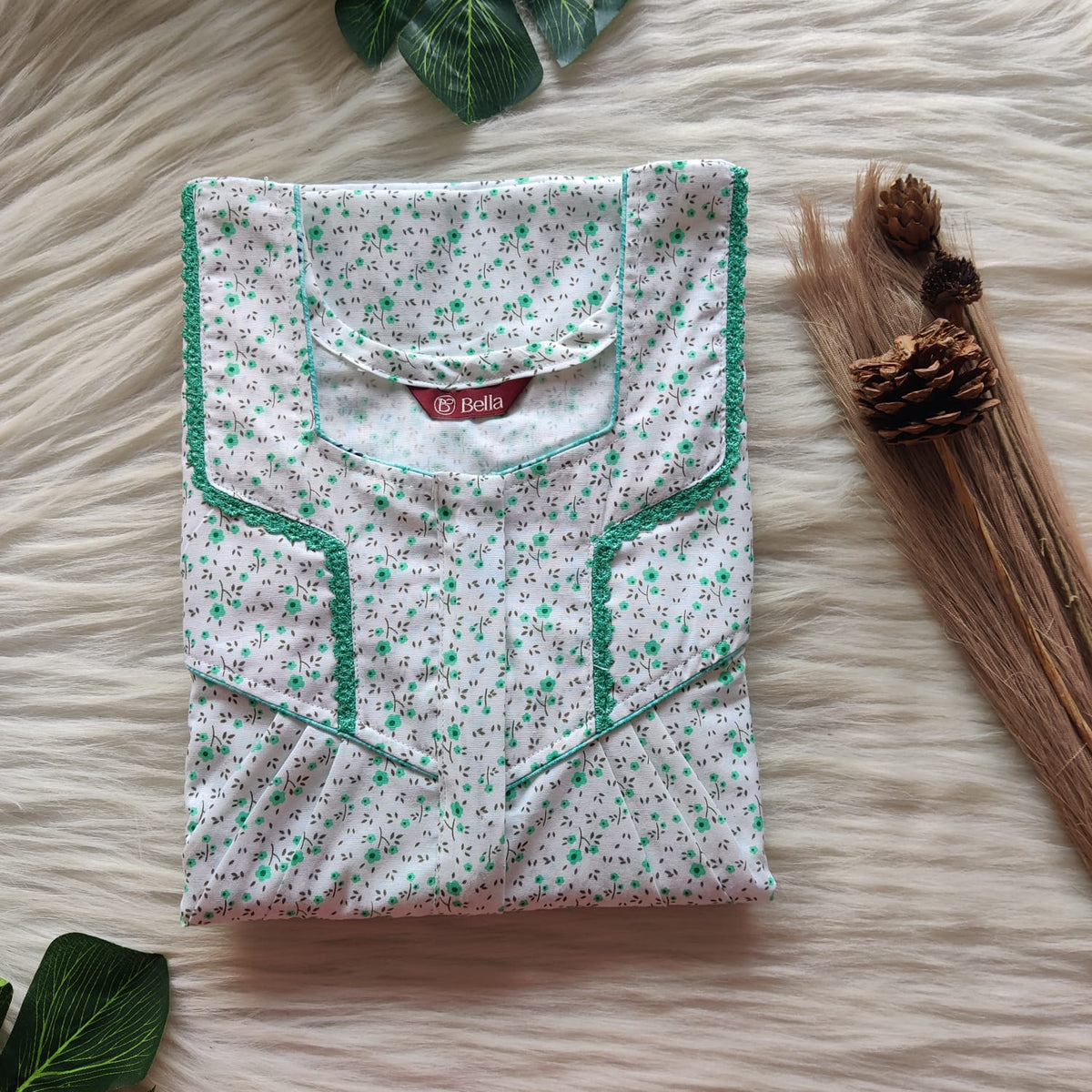 Green Floral Printed White Premium Cotton Long Zip Lace Feeding Nighty | Free Size | Chest Width 44″| Length 56″