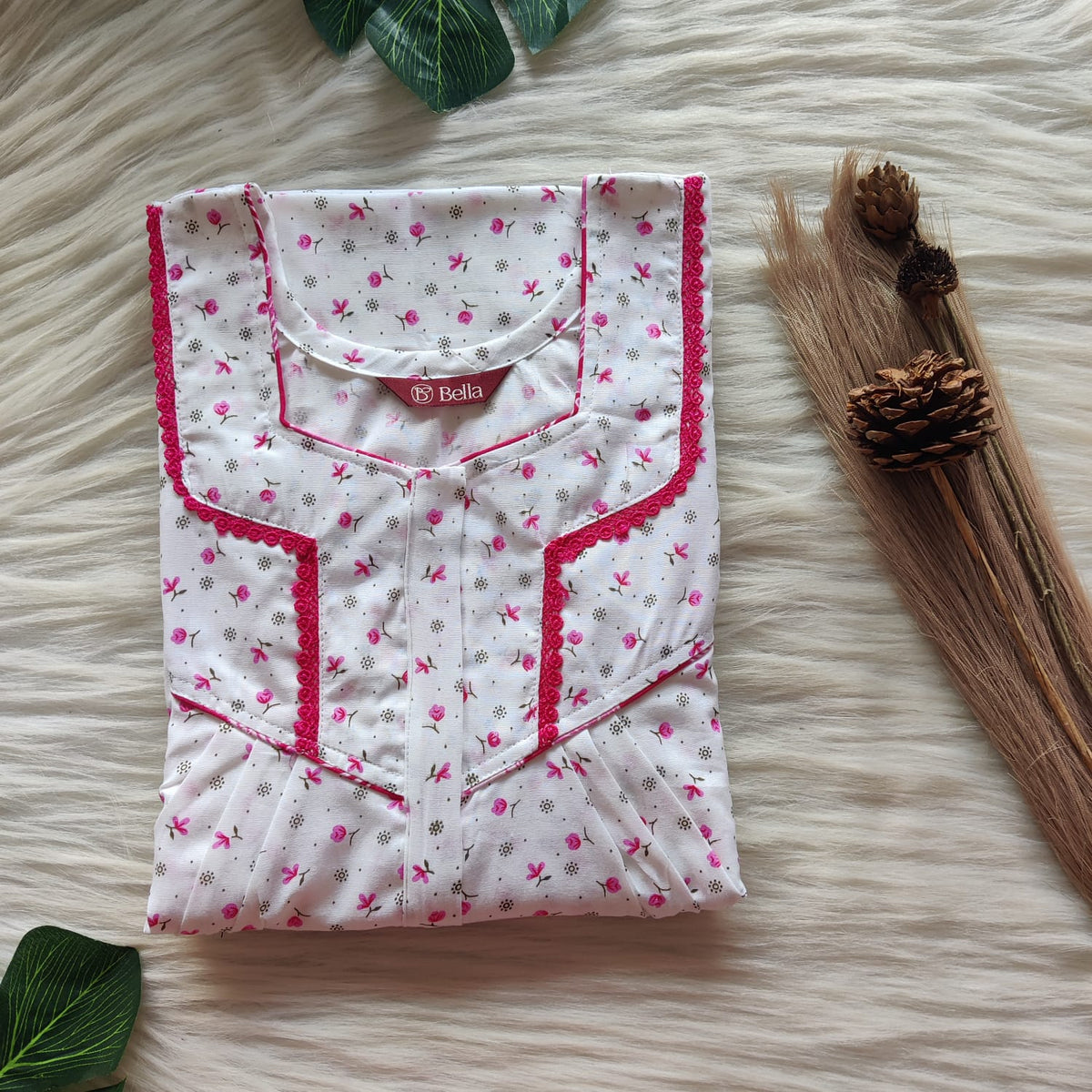 Pink Floral Printed White Premium Cotton Long Zip Lace Feeding Nighty | Free Size | Chest Width 44″| Length 56″