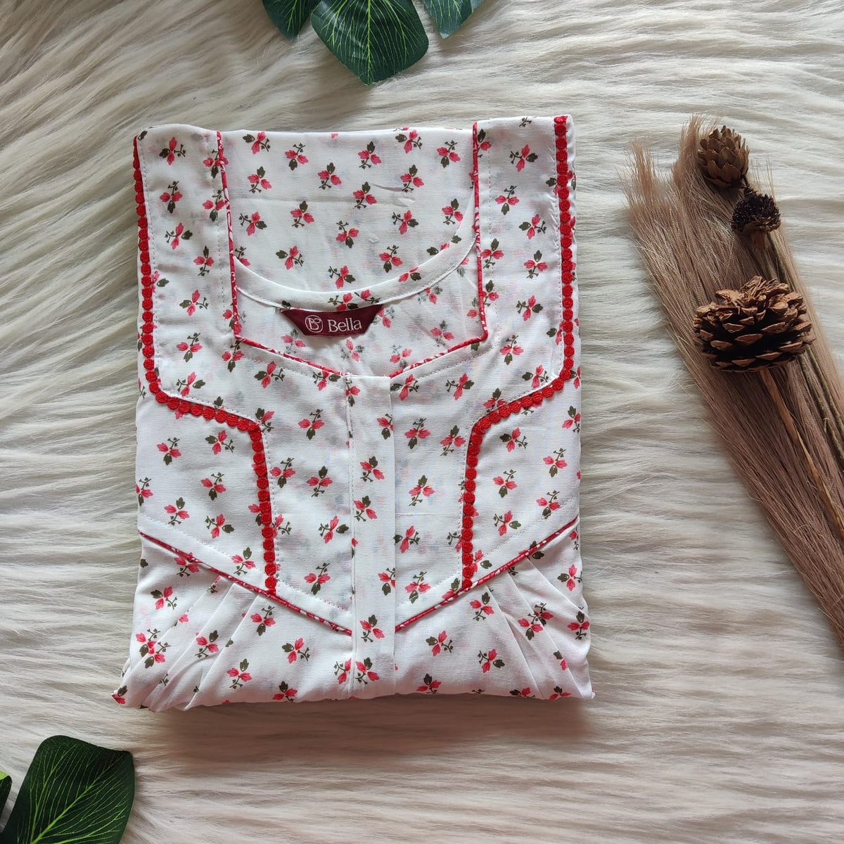 Red Floral Printed White Premium Cotton Long Zip Lace Feeding Nighty | Free Size | Chest Width 44″| Length 56″